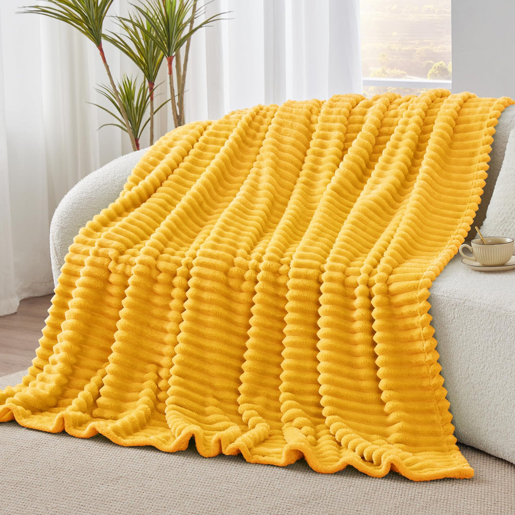 Bedelite Fleece Throw Blanket For Couch - 300Gsm Soft & Warm Fluffy Yellow Blanket, Decorative And Giftable Striped Blankets For