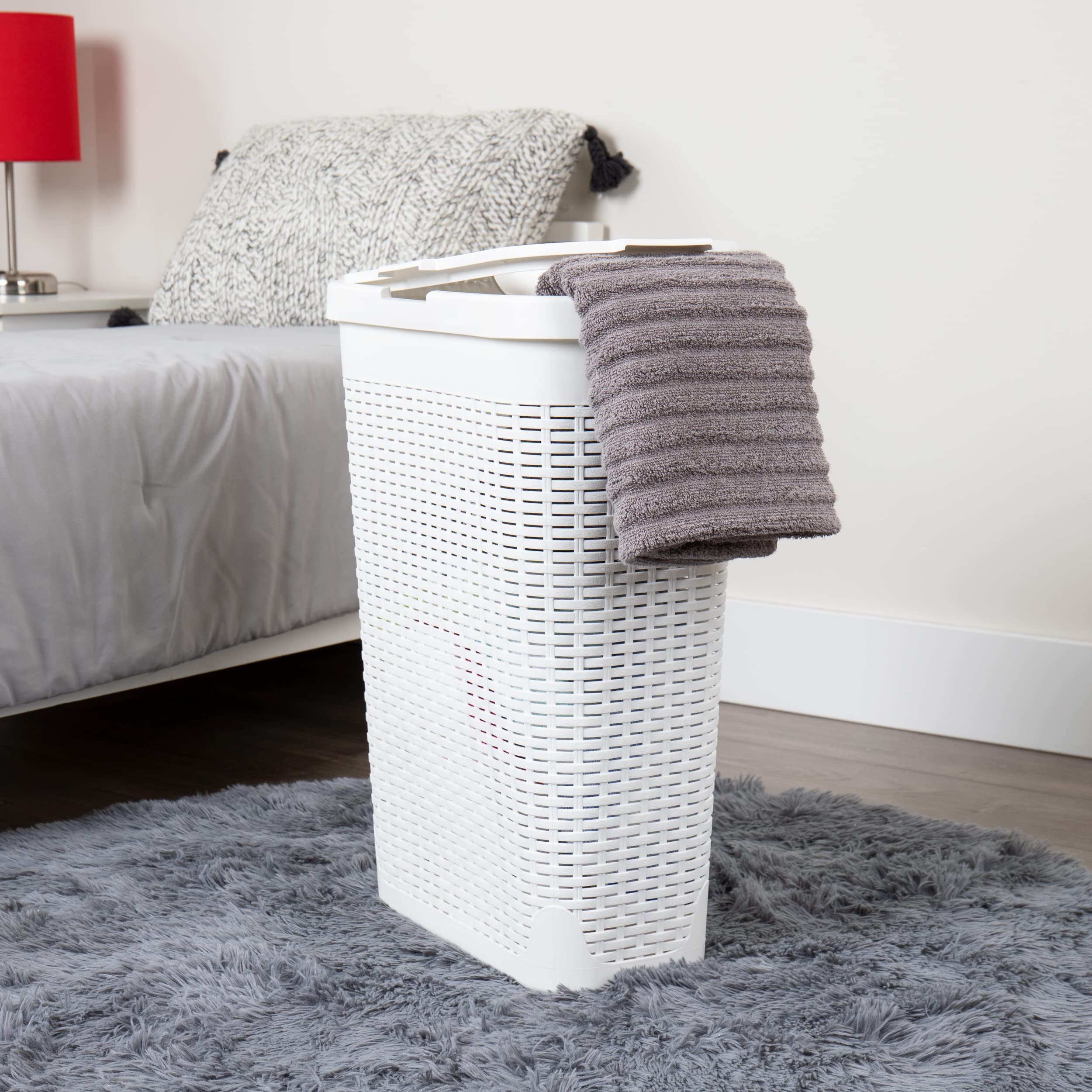 Mind Reader 40L Slim Laundry Hamper, Clothes Basket, Lid, Wicker Design, Plastic, 18''L X 10.4''W X 23.5''H, Set Of 2, White