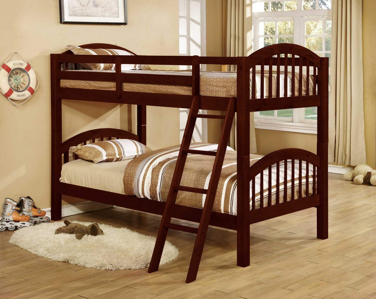 81'.25' X 42'.5' X 62'.5' Cherry Solid and Manufactured Wood Twin/Twin Arched Wood Bunk Bed