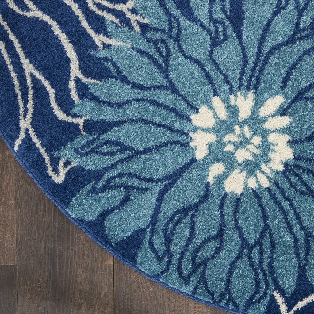 HomeRoots Navy/Ivory 100% Polypropylene 8’ Round Navy and Ivory Floral Area Rug