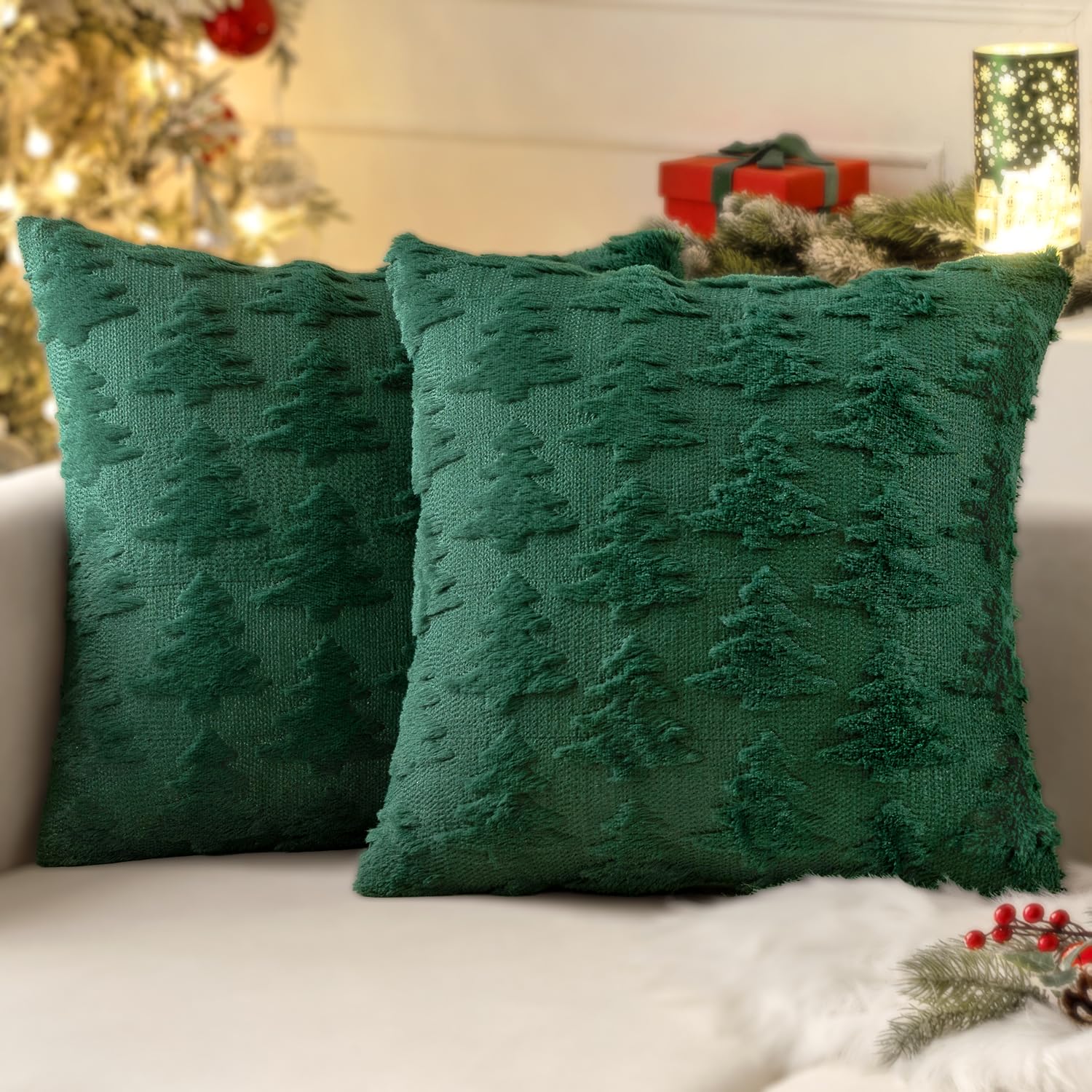 Miulee Dark Green Throw Pillow Covers Christmas Tree Decorative Pillow Covers 20X20 Inch Soft Plush Faux Wool Pillow Covers Set