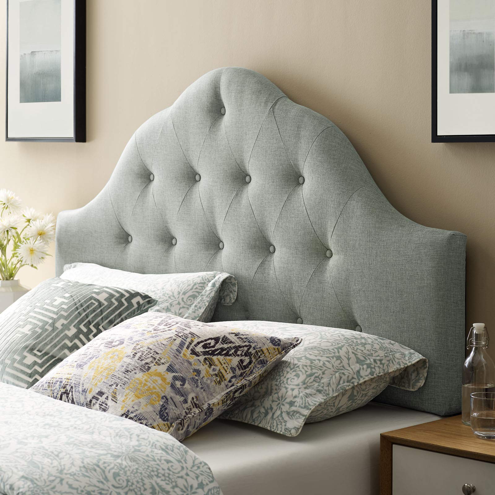 Modway Sovereign Tufted Button Linen Fabric Upholstered Queen Headboard in Gray