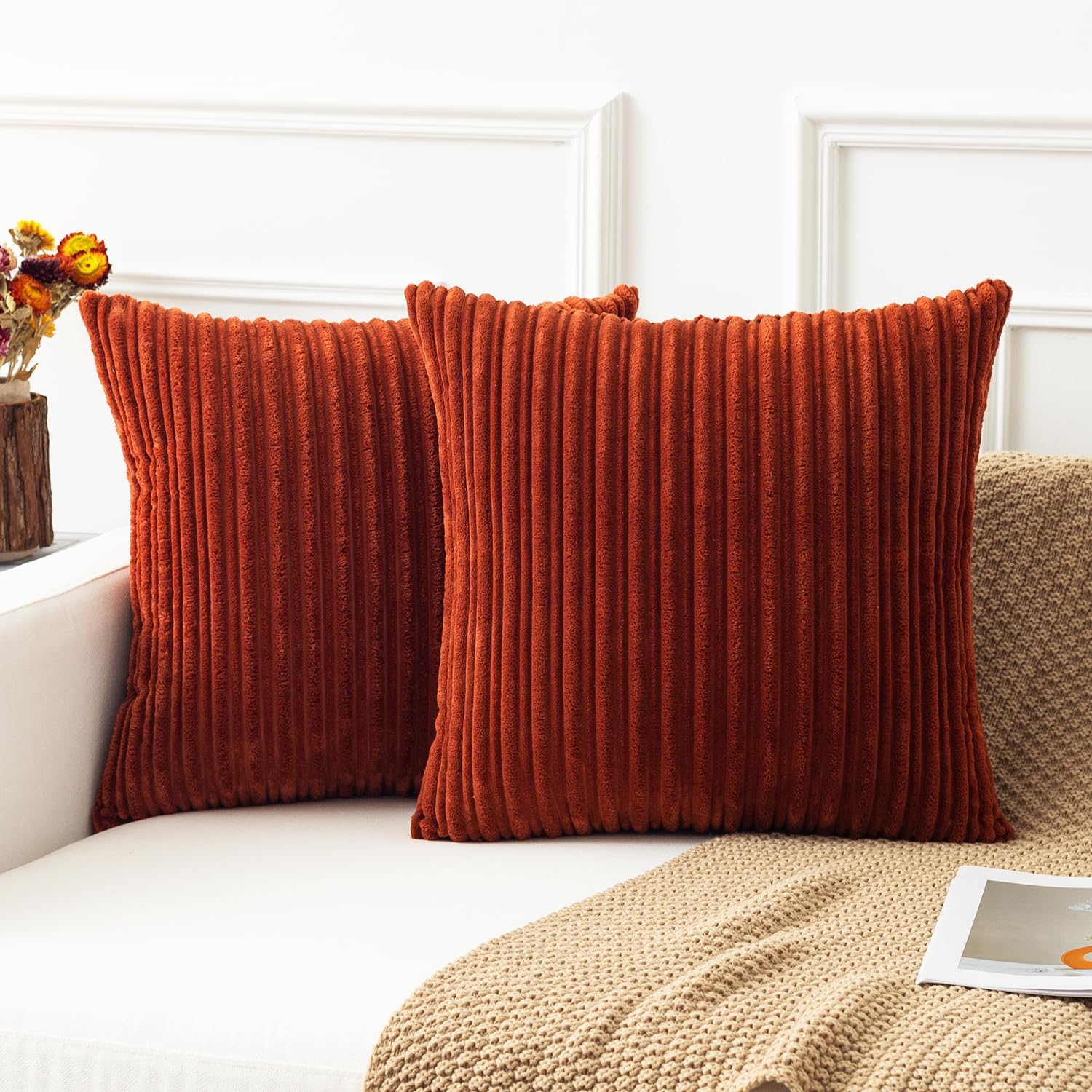 Kevin Textile Fall Pillow Covers Square Striped Corduroy Autunm Decor Couch Cushion Pillowcases For Living Room Toddler, 2 Packs