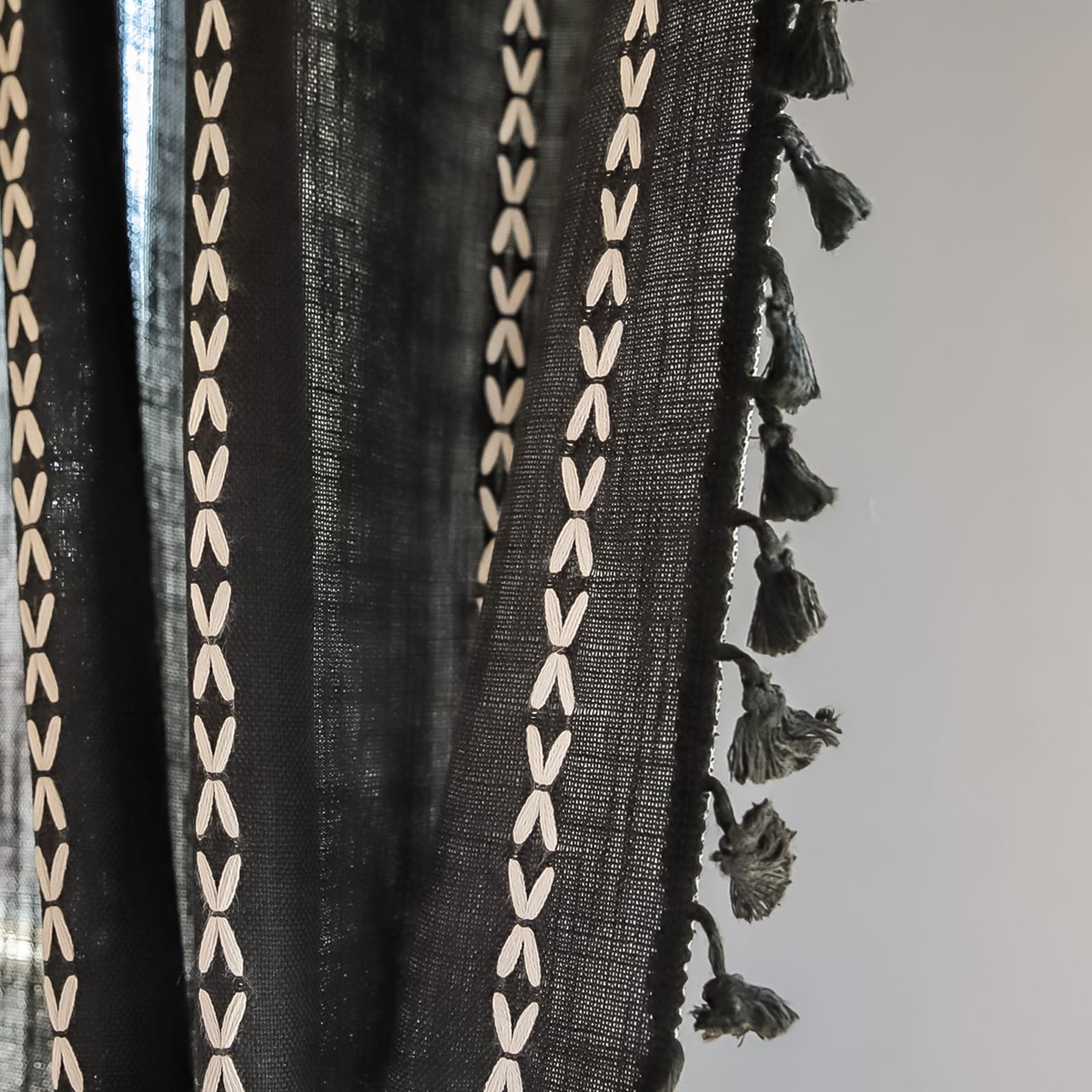 Deeprove Black Boho Curtains 63 Inches Length For Kitchen, Vintage Bohemian Embroidery Farmhouse Cotton Linen French Country Tas