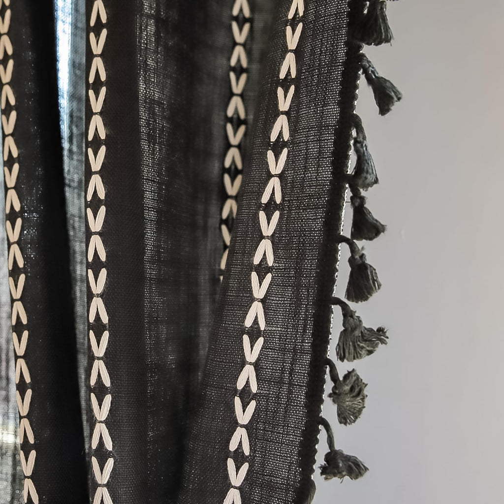 Deeprove Black Boho Curtains 84 Inches Long With Tassel For Bedroom, Vintage Bohemian Embroidery Farmhouse Cotton Linen French C