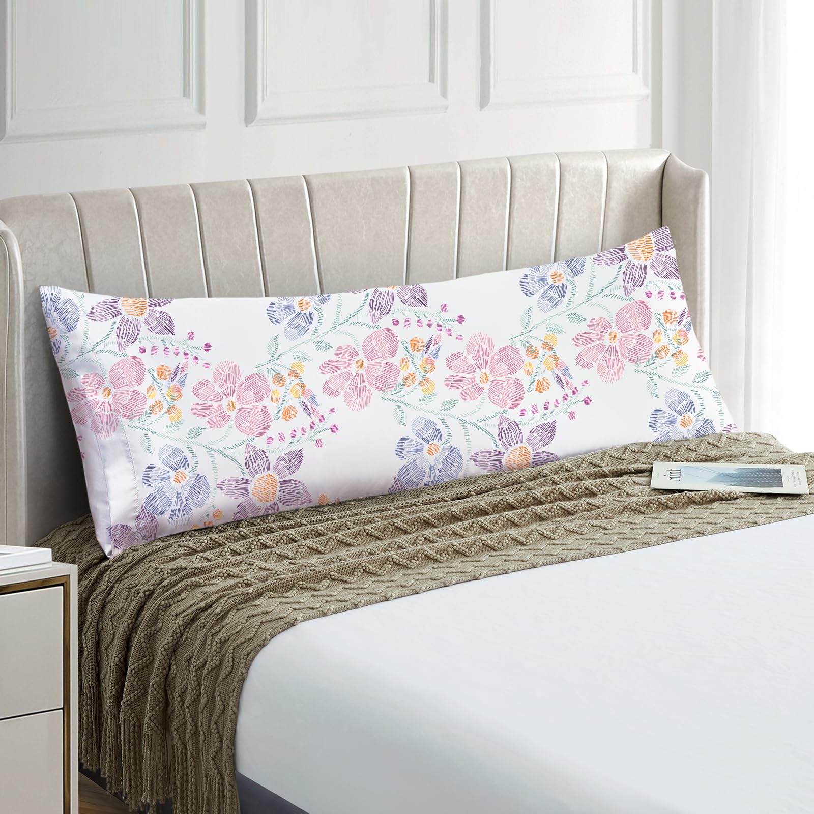 Exq Home Satin Pillowcase For Hair And Skin Body- Multicolor Printed Flower Silk Pillowcase 20X54 Inches - Body Pillow Cases Wit