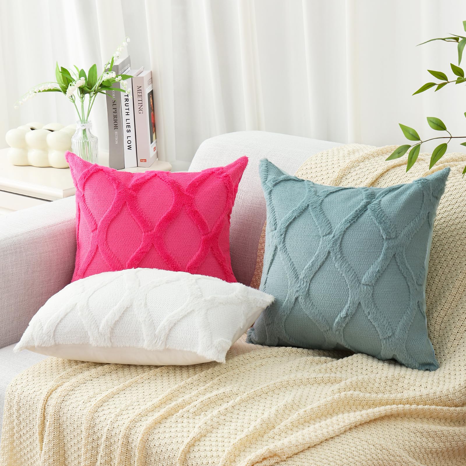 Decoruhome Spring Throw Pillow Covers 20X20 Inch Set Of 2, Soft Plush Faux Fur Wool Aqua Couch Pillow Covers, Decorative Pillow Cases For Bed Sofa Living Room Home Decor