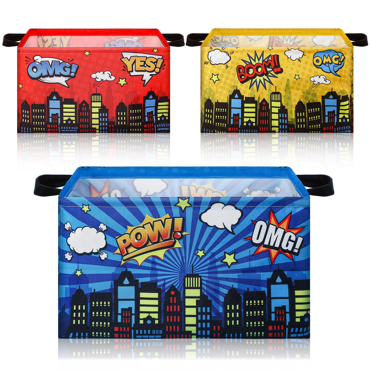 Maxdot 3 Pack Comic Themed Storage Basket Collapsible Bin,City,Rectangle