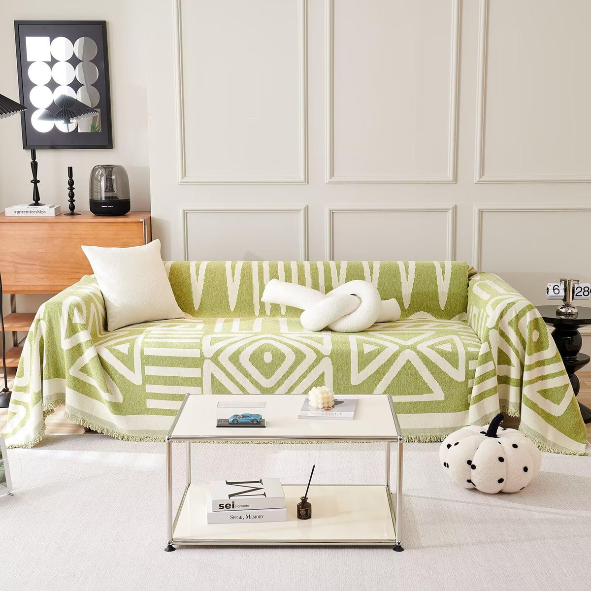 Vclife Boho Chenille Couch Cover Skin-Friendly Breathable Chenille Green White Stripe Plaid Sofa Slipcover For 3 Cushion Couch S