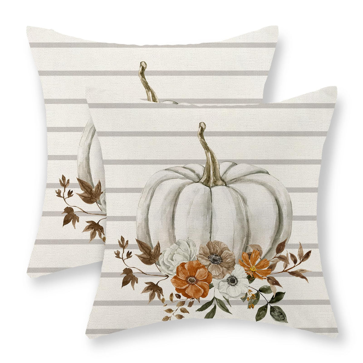 Gohdiwh Fall Pillow Covers 18X18 Set Of 2 Gray Stripes White Pumpkin Pillowcase Autumn Flowers Decor Outdoor Throw Pillow Covers