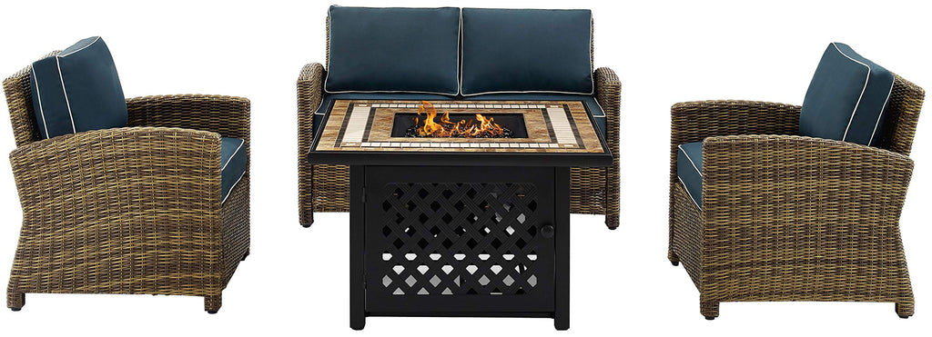 Crosley Furniture Bradenton 4-Piece Wicker Outdoor Loveseat Patio Furniture Set with Gas Fire Pit Table, Brown with Navy Cushions