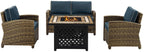 Crosley Furniture Bradenton 4-Piece Wicker Outdoor Loveseat Patio Furniture Set with Gas Fire Pit Table, Brown with Navy Cushions