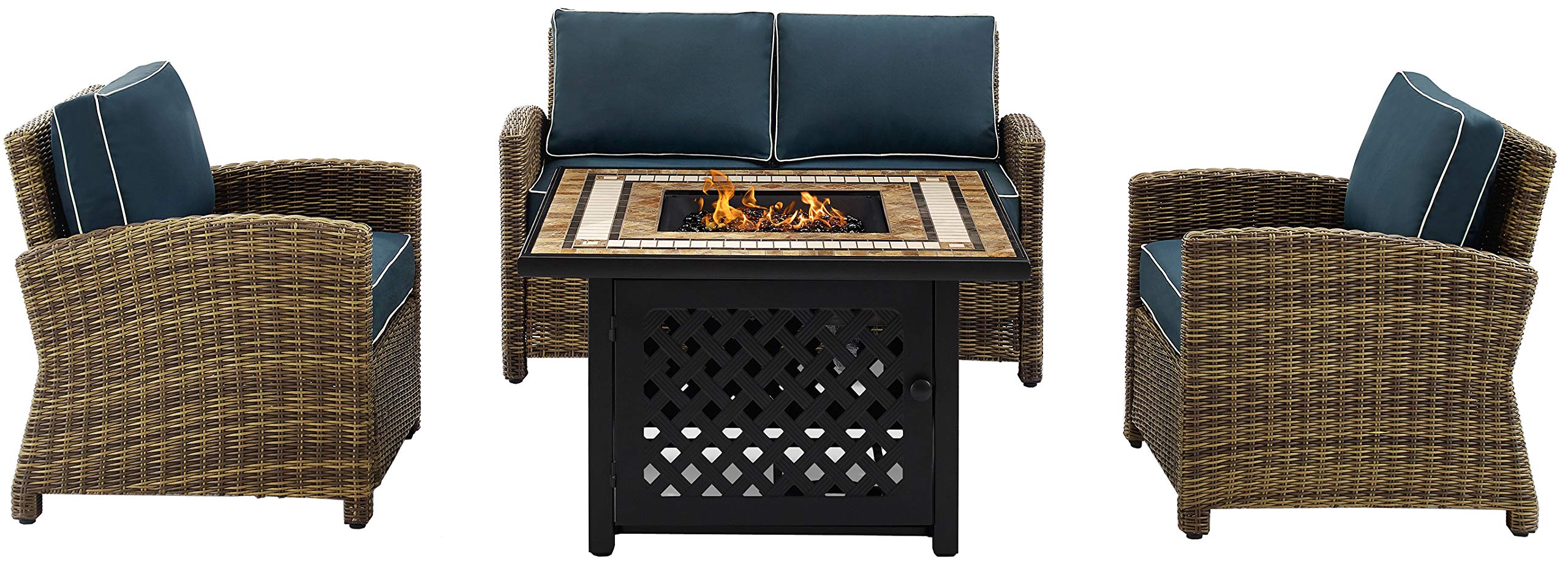 Crosley Furniture Bradenton 4-Piece Wicker Outdoor Loveseat Patio Furniture Set with Gas Fire Pit Table, Brown with Navy Cushions