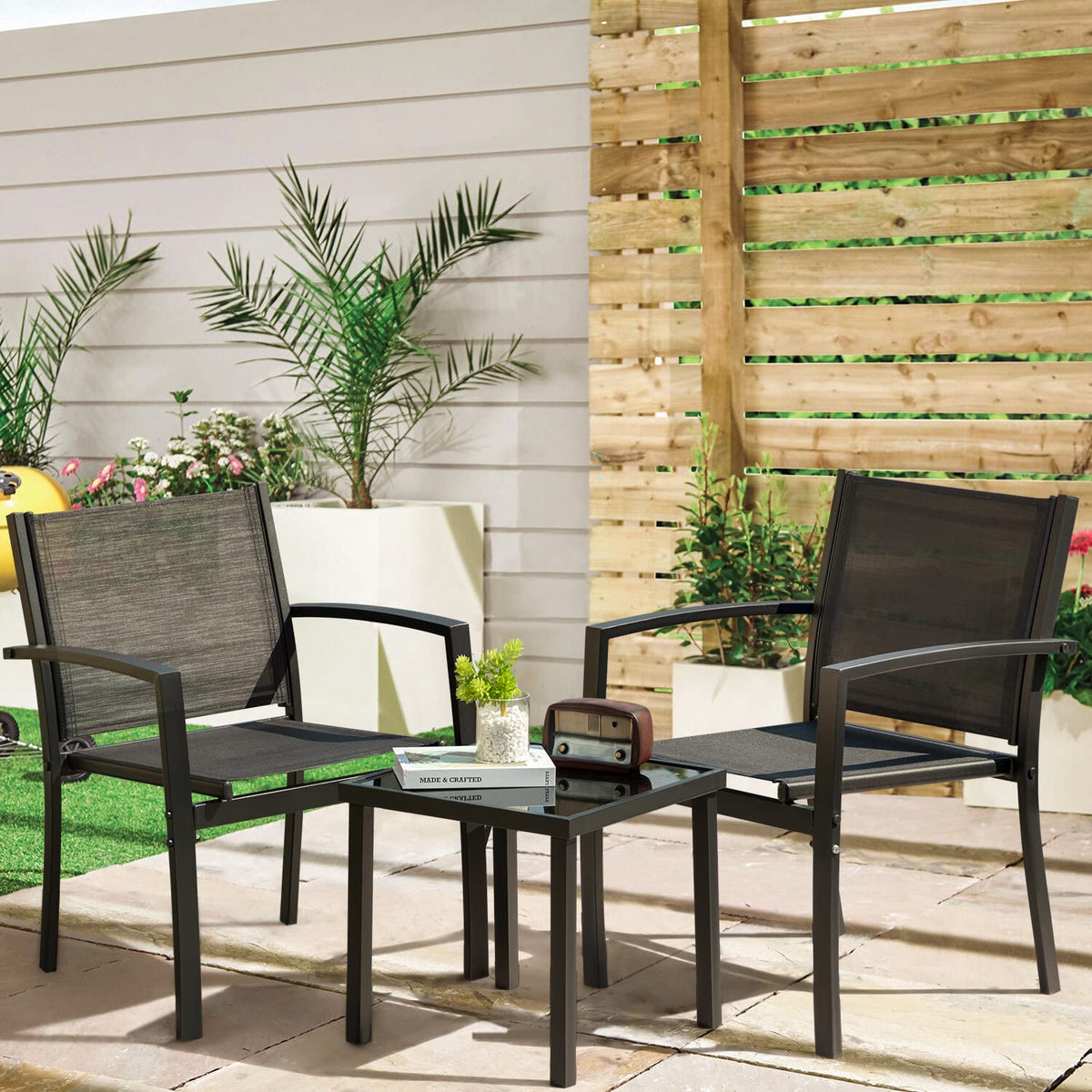 Greesum 3 Pieces Patio Furniture Outdoor Bistro Set Textilene Fabric Chairs For Lawn, Garden, Balcony, Poolside With A Glass Coffee Table, Black