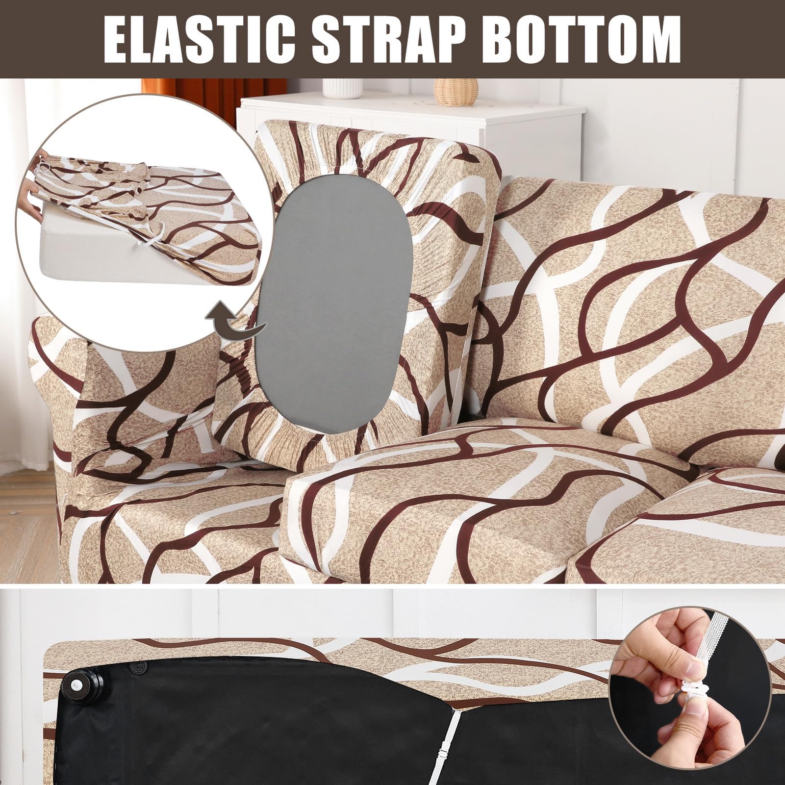 Searchi Stretch Sofa Cover Printed Couch Cover, Floral Pattern 3 Pieces Loveseat Slipcover With 2 Separate Cushion Cover, Washable Furniture Protector For Living Room(Loveseat, Khaki)