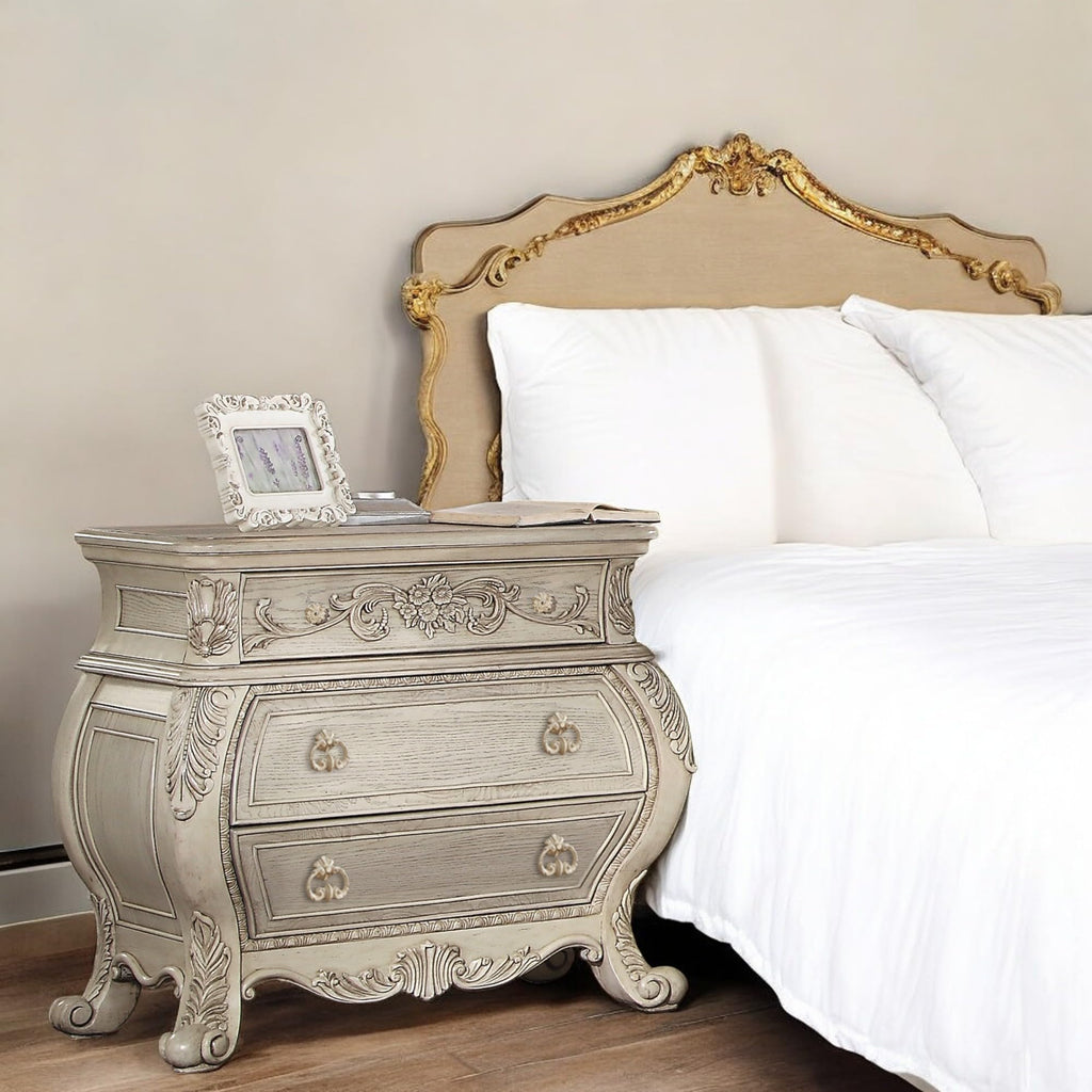 Acme Ragenardus 3-Drawer Wood Bombe Nightstand in Antique White
