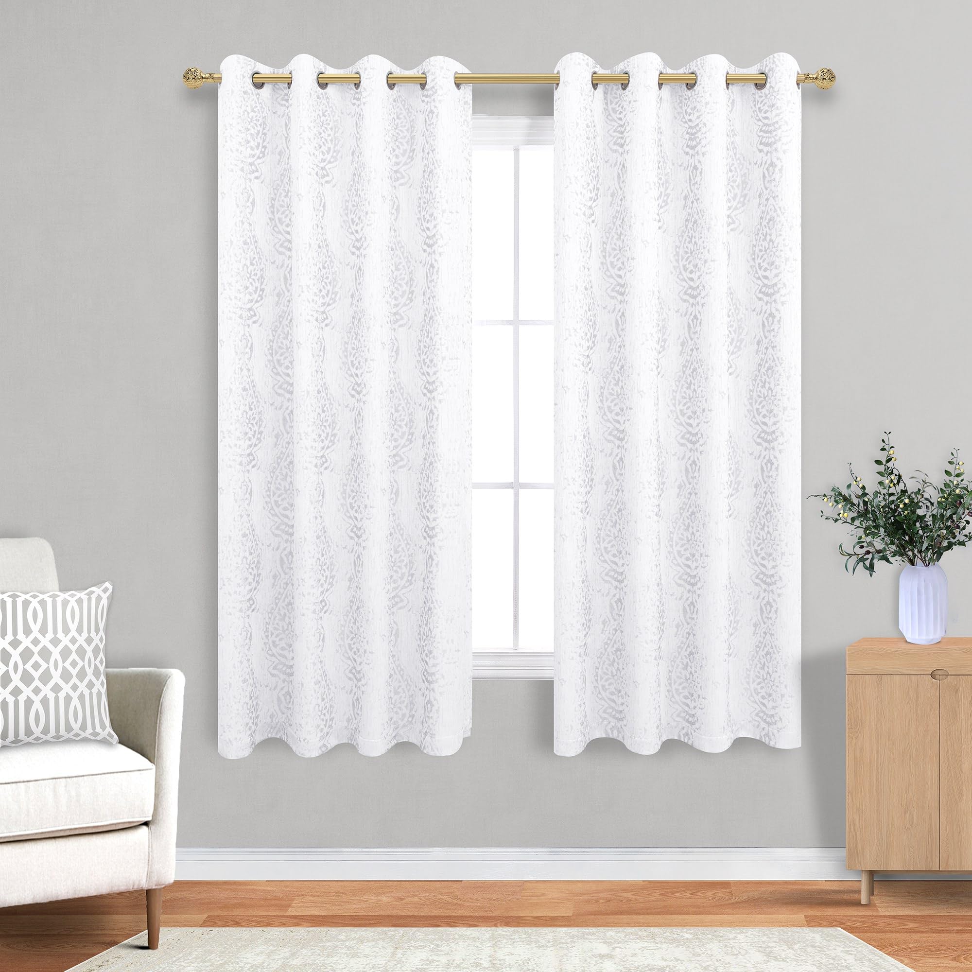 Mrs.Naturall White Damask Moroccan Pattern 3D Jacquard Embossed Embroidered Curtains 63 Inches Long For Bedroom Living Room 2 Panels Set