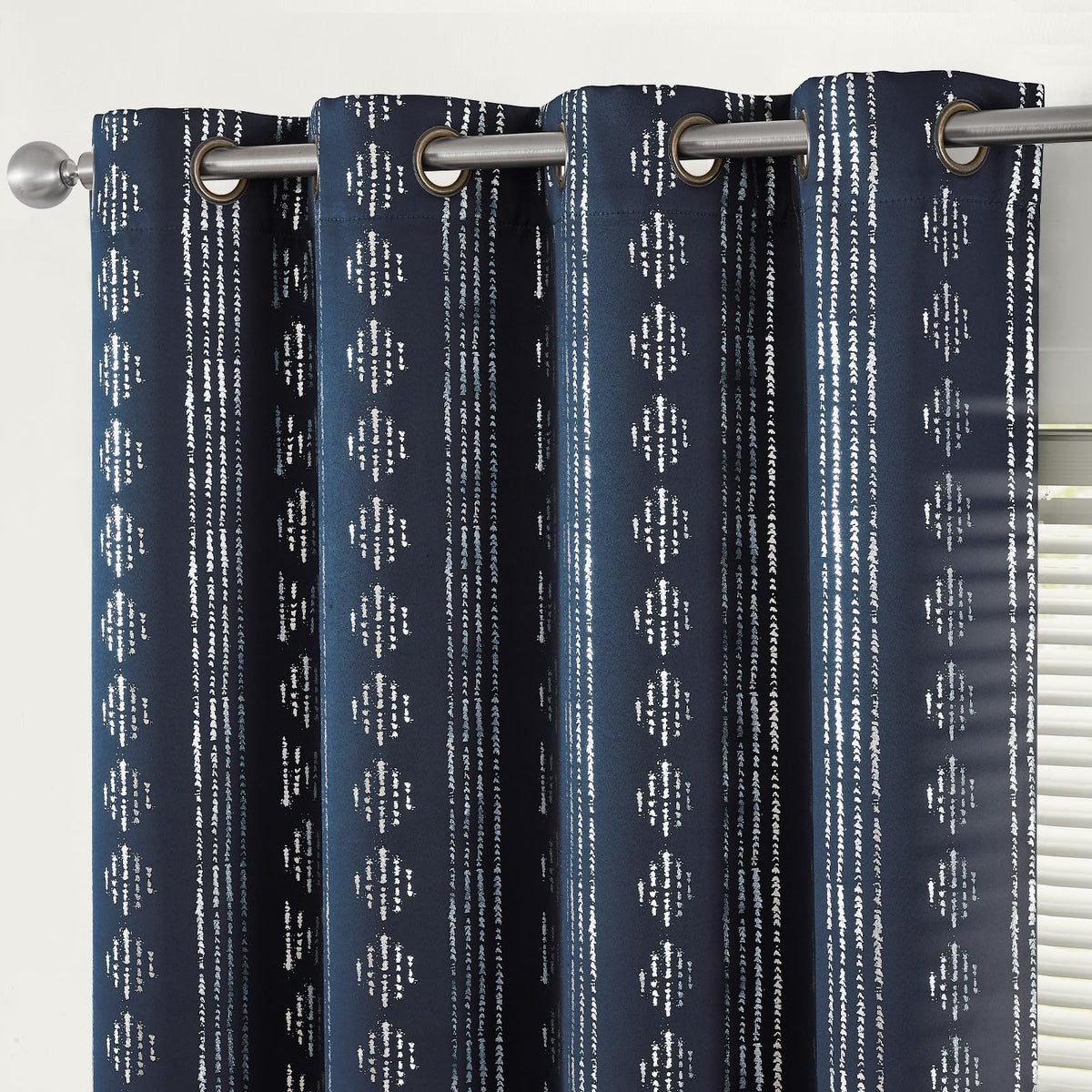 Jinchan 100% Blackout Boho Curtains 84 Inches Long For Bedroom Living Room Silver Geometric Foil Printed Grommet Top Room Darken