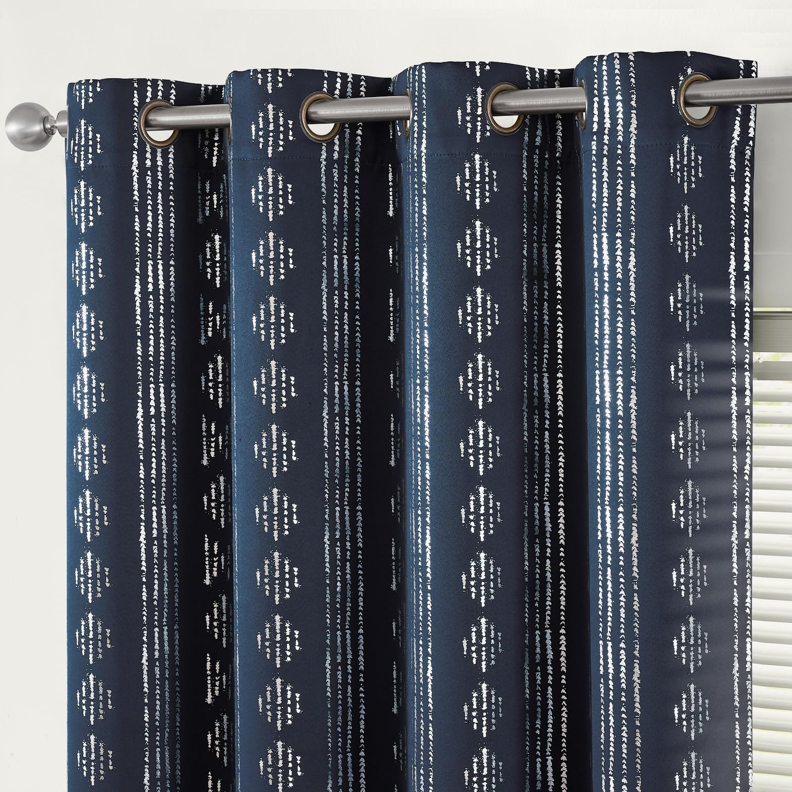 Jinchan 100% Blackout Boho Curtains 84 Inches Long For Bedroom Living Room Silver Geometric Foil Printed Grommet Top Room Darken