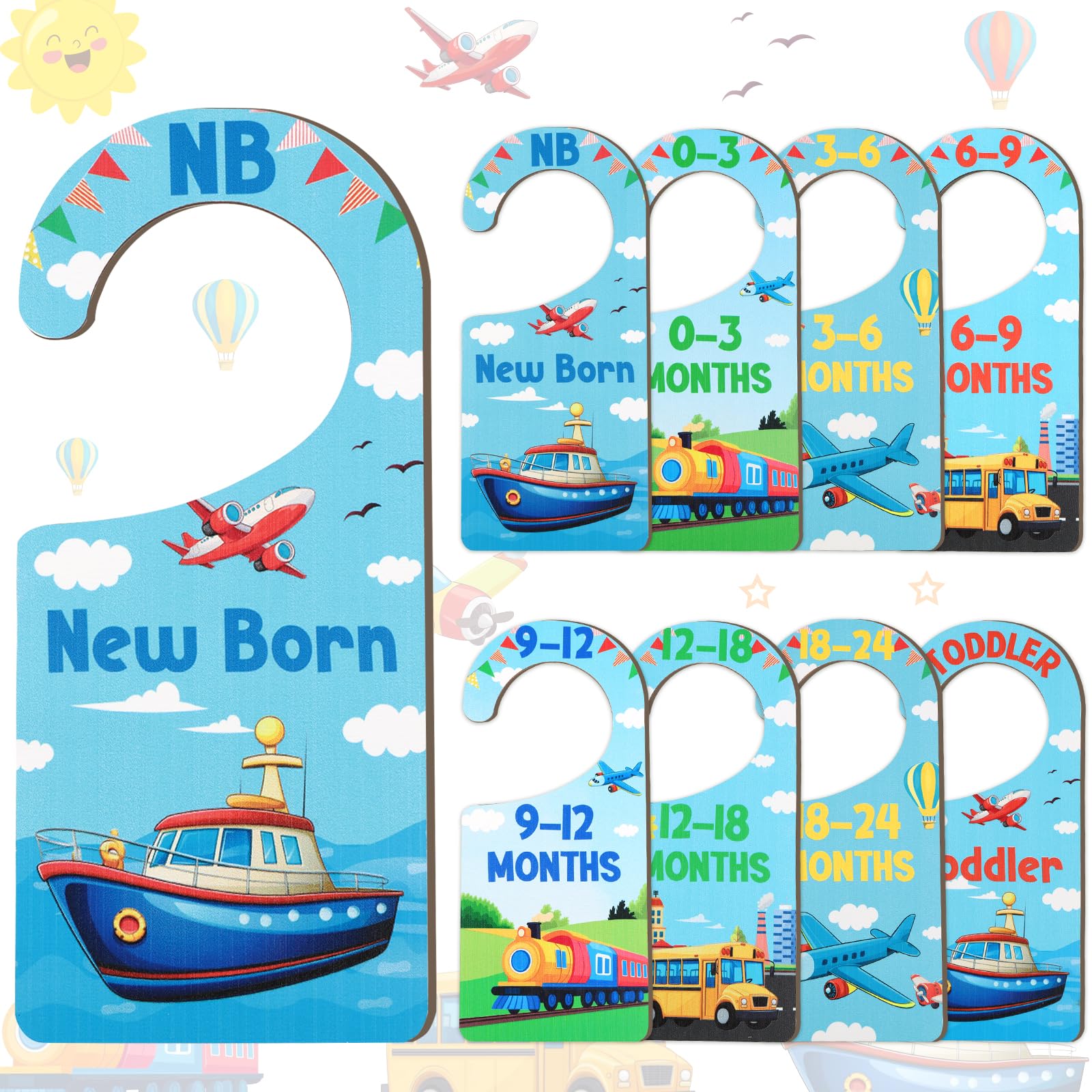 CORNER LACE Baby Closet Dividers 8PCS, Transportation Themed Wooden Double-Sided Clothes Size Hanger/Organizer from Newborn to T