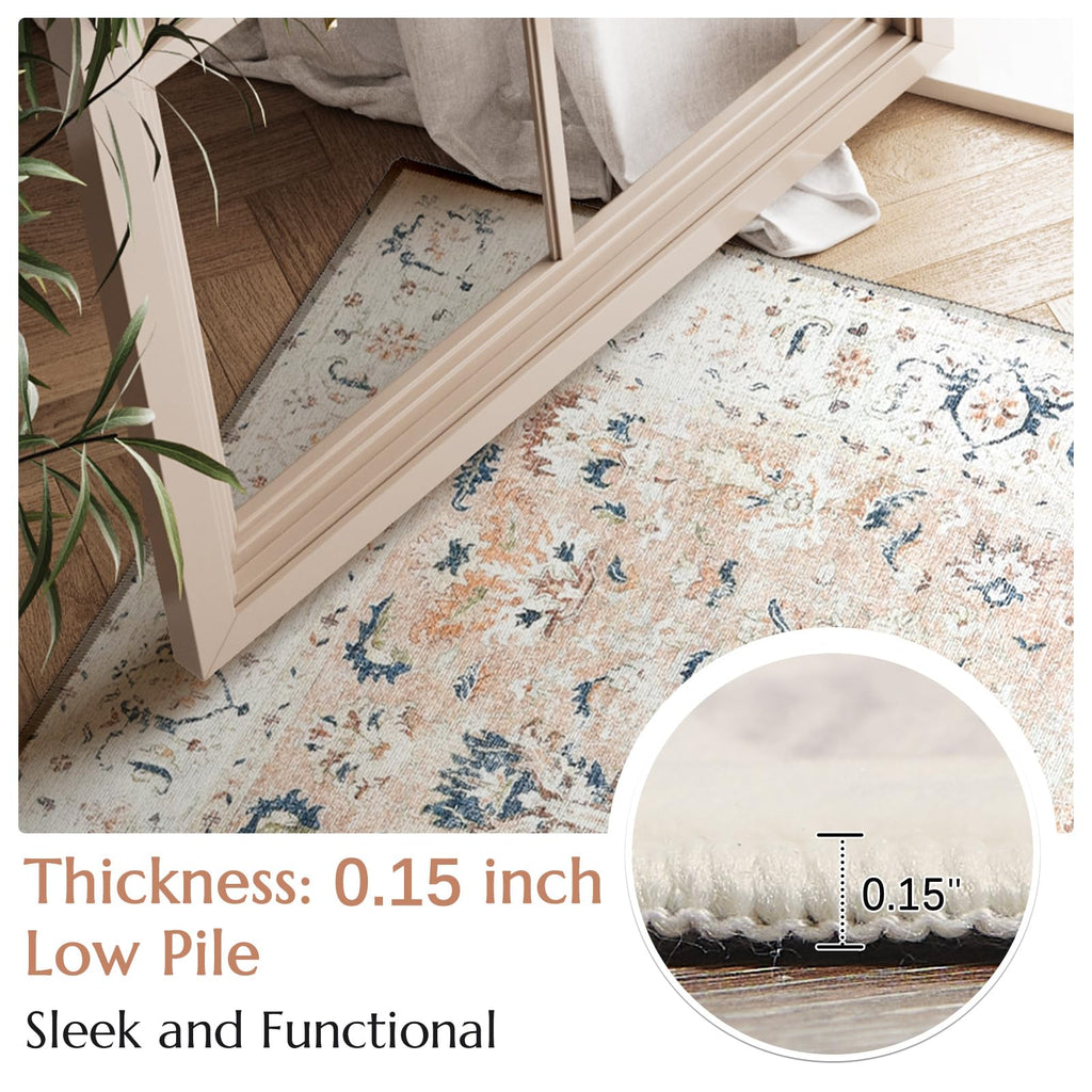 Jinchan Hallway Runner Rug 3X8 - Vintage Rug Kitchen Washable Runner Rug Floral Boho Floor Cover Non Slip Thin Rug Retro Distres