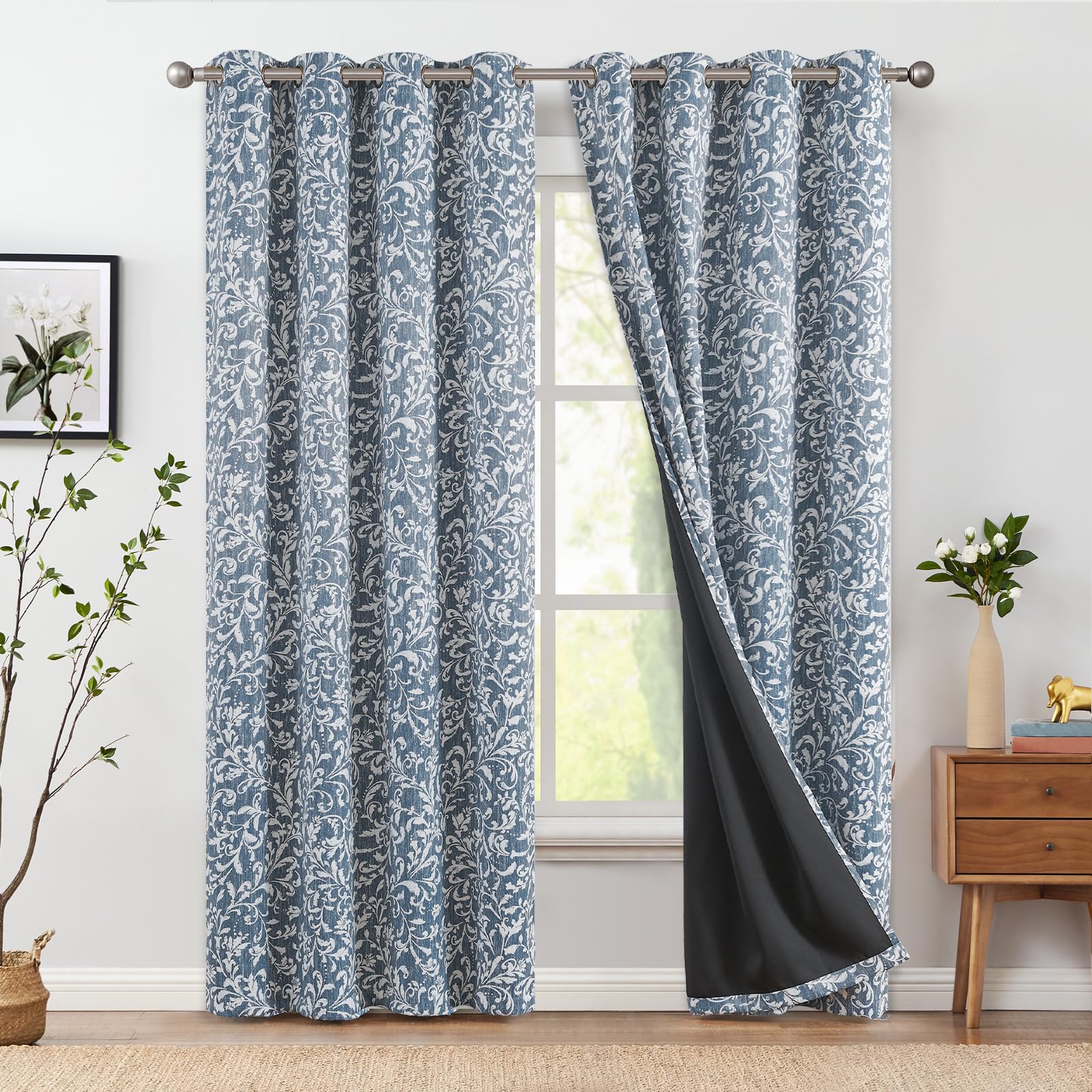Jinchan 100% Blackout Curtains For Bedroom, Blue Scroll Floral Patterned Curtains 108 Inch Length For Living Room, Farmhouse Vintage Art Deco Drapes, Thermal Insulated Window Curtains Grommet 2 Panels
