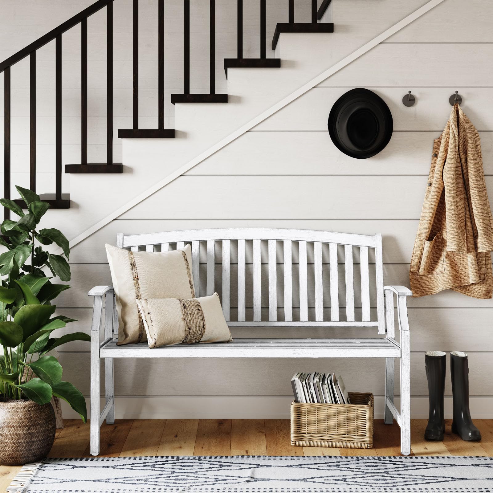 Grand patio 52  Farmhouse Outdoor Bench, Garden Benches with Rust Free Metal Powder Coated Frame and Aluminum Backrest, Faux Woo
