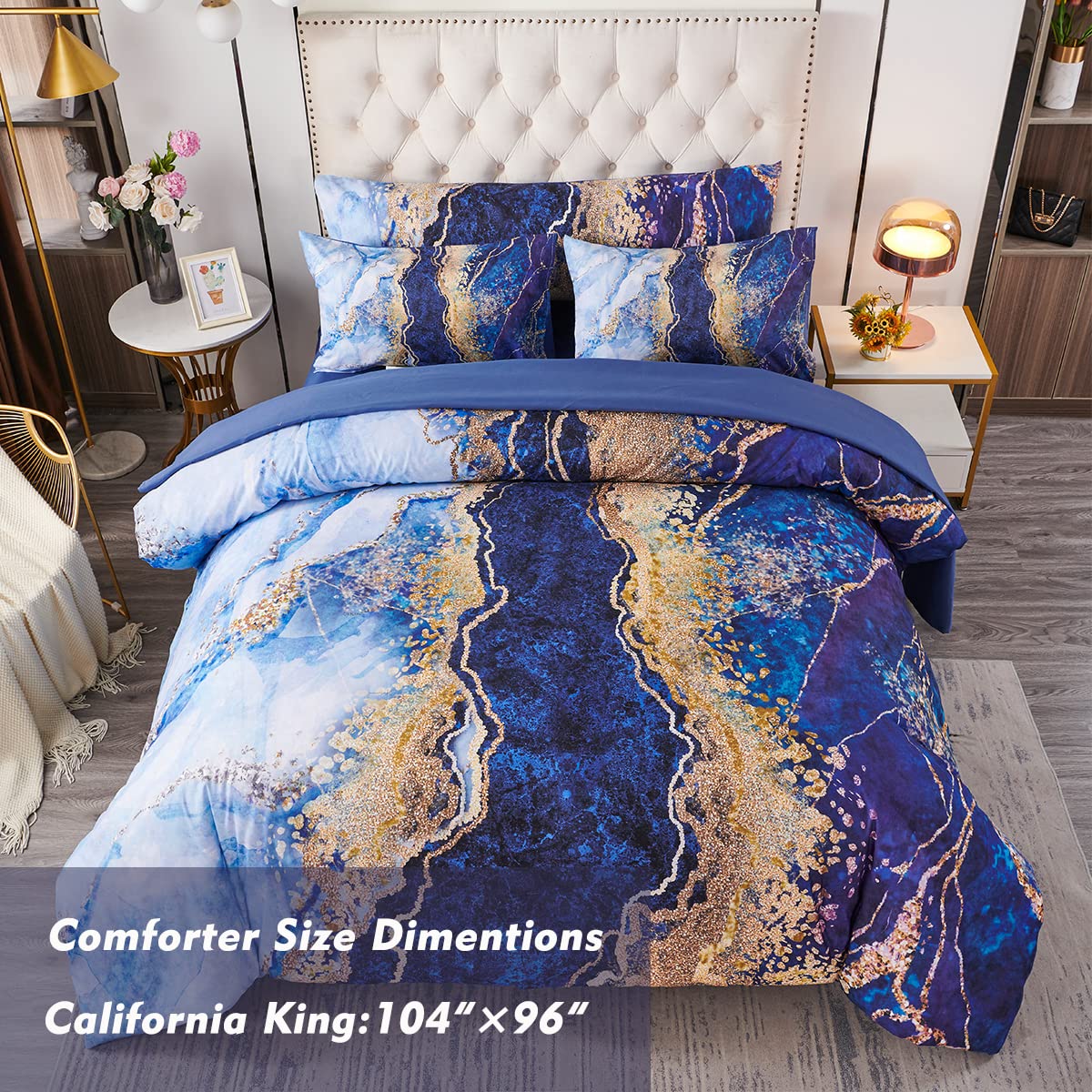 Perfemet 6-Piece California King Blue Comforter Set Watercolor Marble Printed Bed In A Bag Coloful Artwork Design Bed Set With C