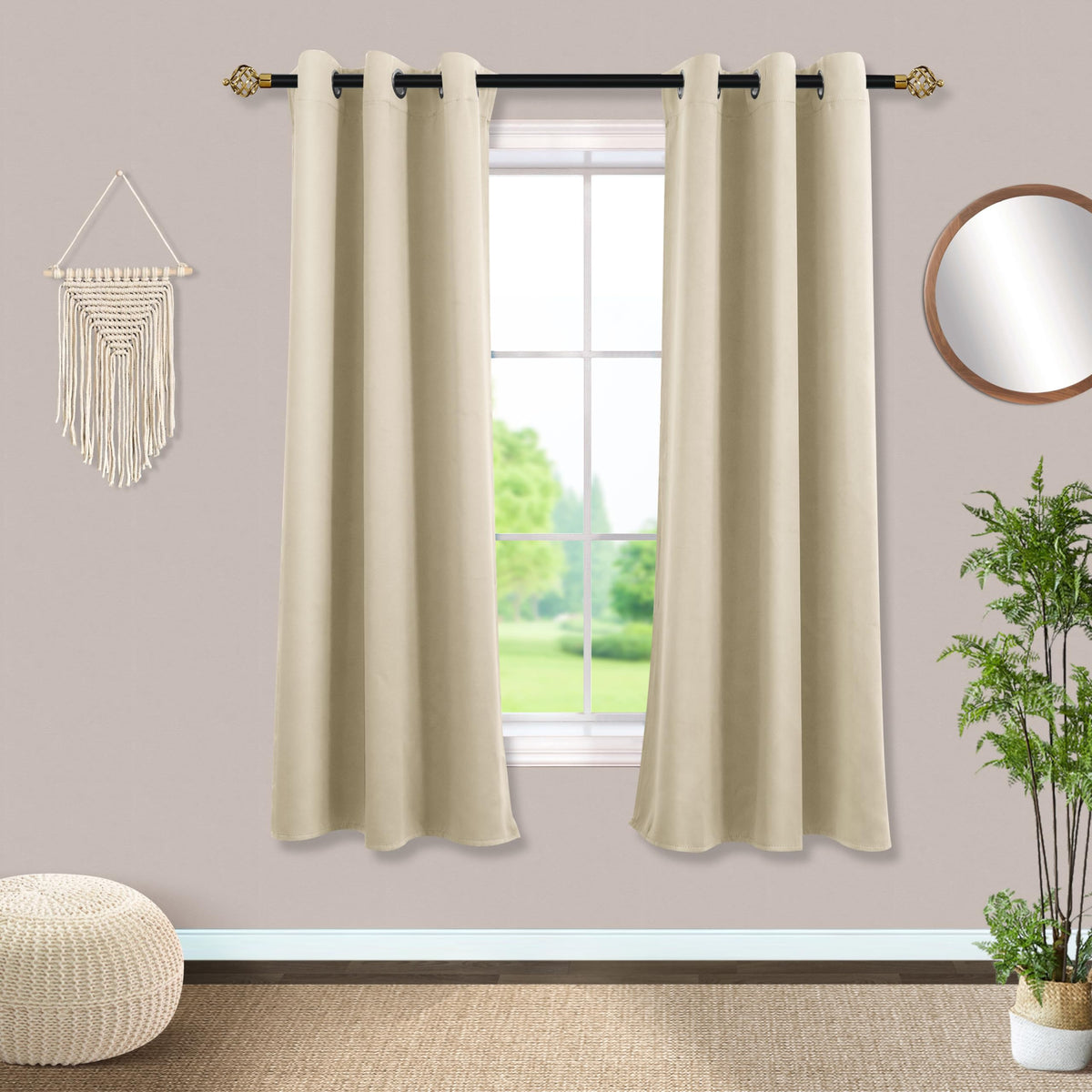 Mrs.Naturall Biscotti Beige 42X63 Inch Length For Living Room 2 Panels Blackout Room Darkening Curtains