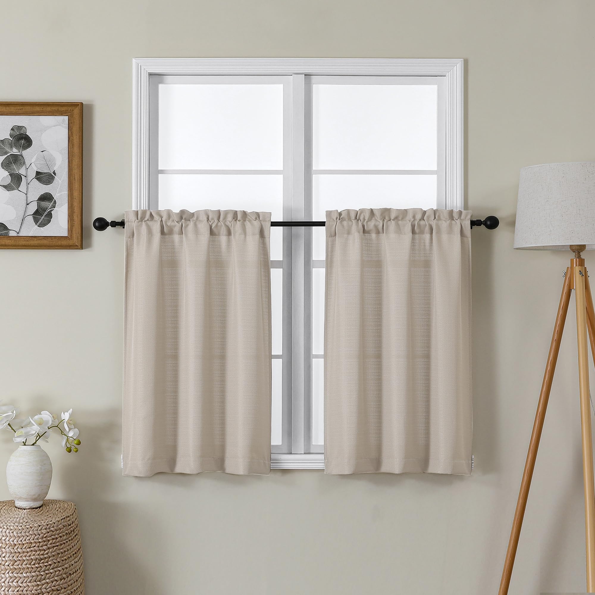 Lecloud Bessie Khaki Kitchen Curtains 30 Inch Length 2 Pcs, Light Filtering Cafe Short Curtain Tiers, Dual Rod Pocket Window Tre