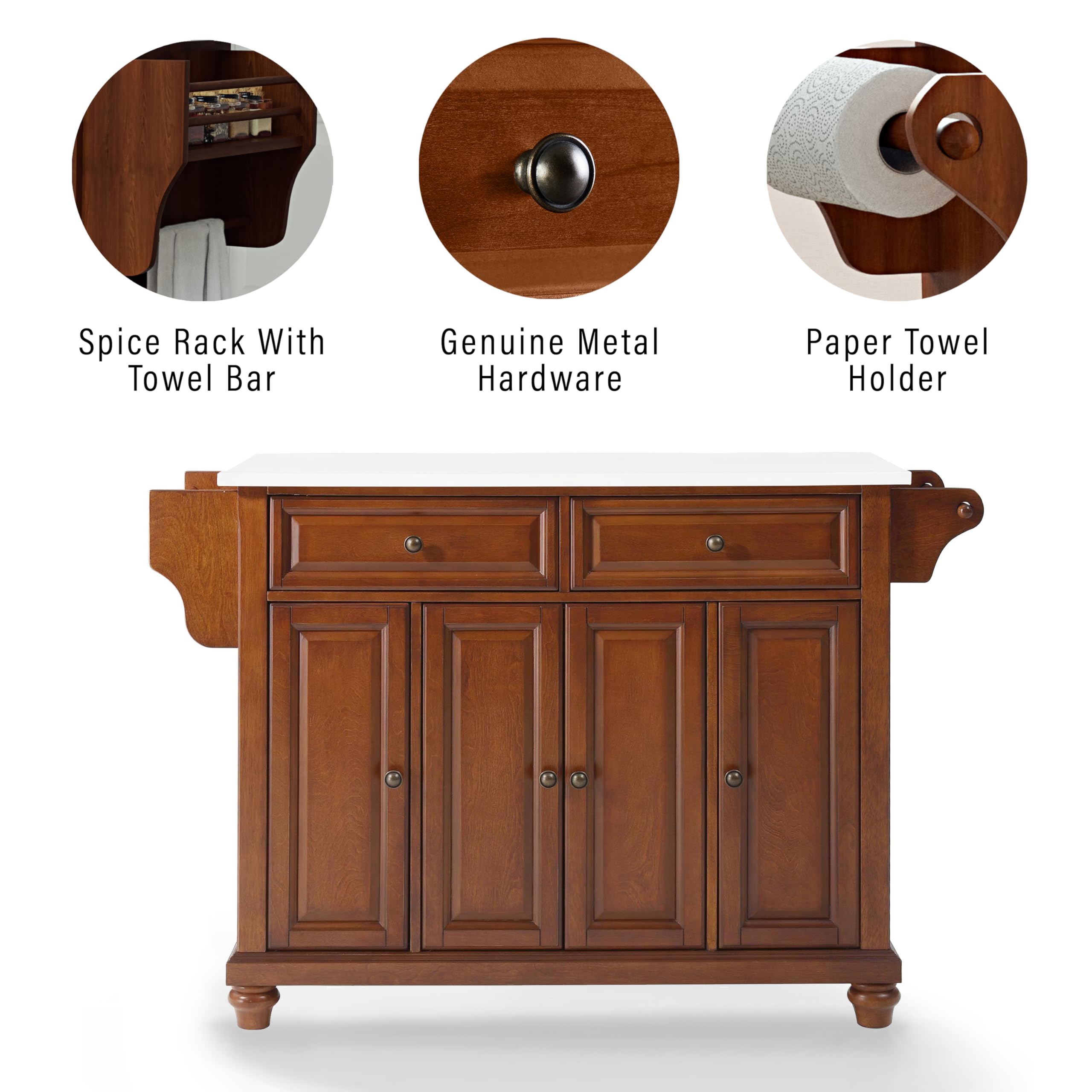 Crosley Furniture Cambridge Stone Top Rolling Kitchen Island Storage Cart, Microwave Stand, Spice Rack, Cherry