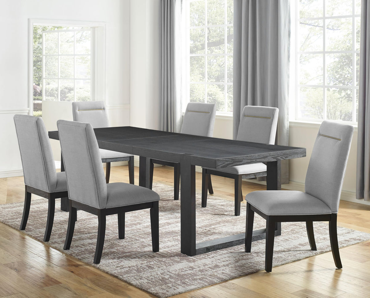 Steve Silver Furniture Yves 7pc Dining Table Set, 77-95&quot; Table w/ 18&quot; Leaf, 6 Gray Performance Side Chairs, Dining Room, Contemporary Styling, Double-Pedestal Sled Base, 77&quot; L x 40&quot; W x 30&quot; H, Gray