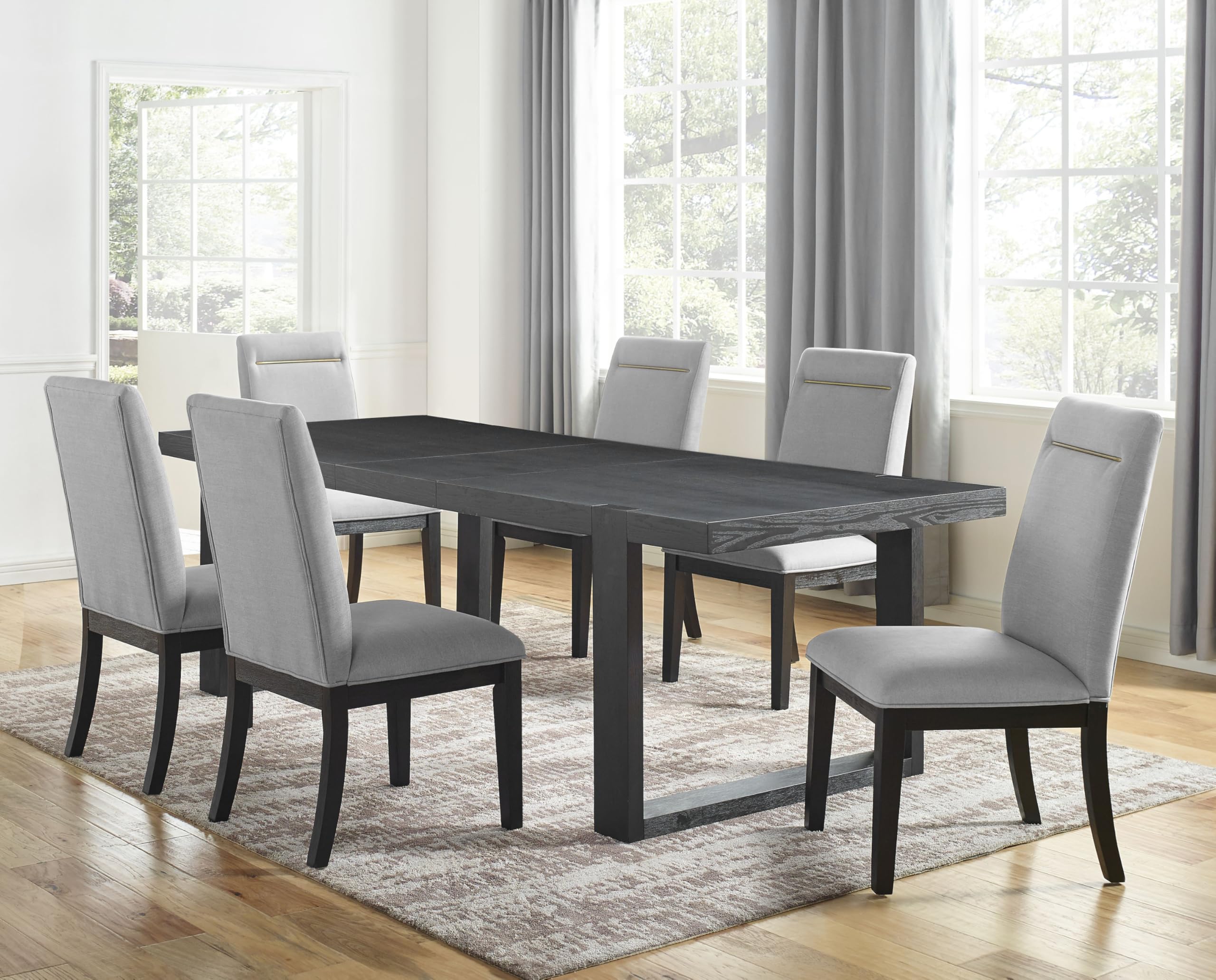 Steve Silver Furniture Yves 7pc Dining Table Set, 77-95" Table w/ 18" Leaf, 6 Gray Performance Side Chairs, Dining Room, Contemporary Styling, Double-Pedestal Sled Base, 77" L x 40" W x 30" H, Gray