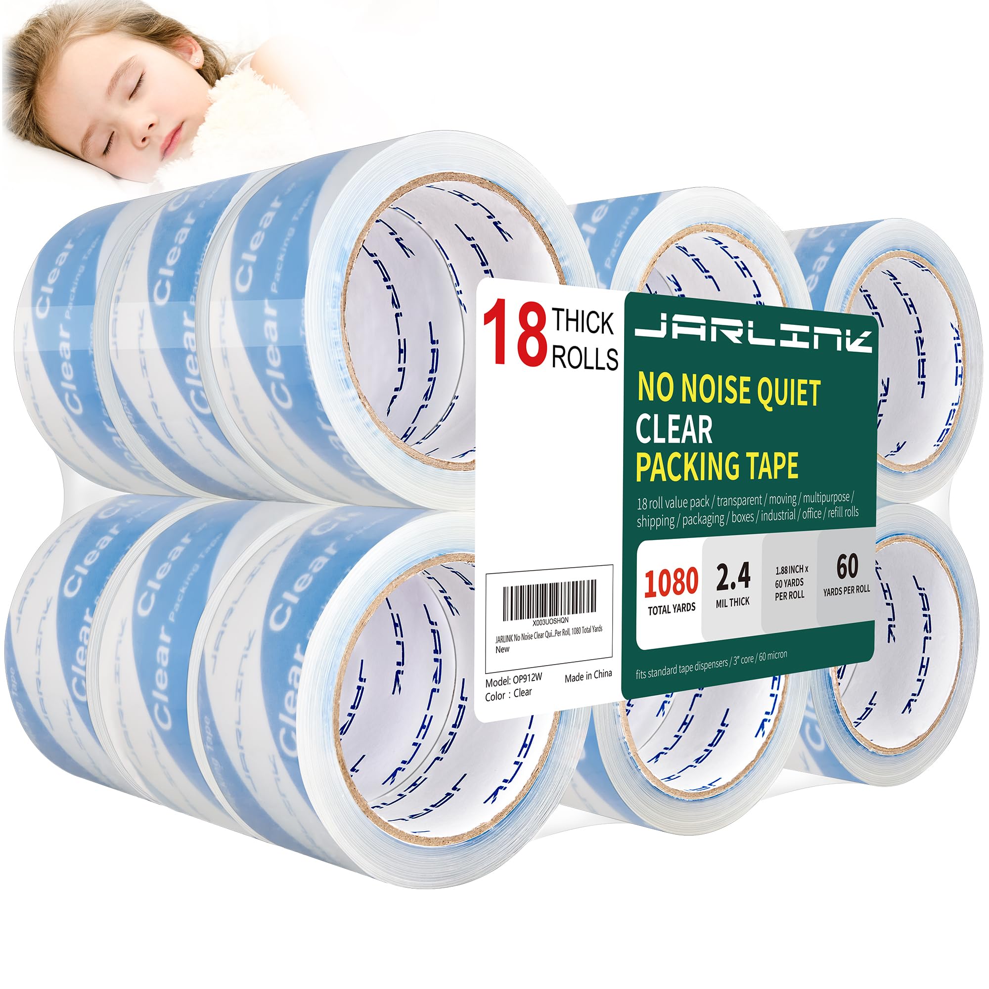 Jarlink No Noise Clear Quiet Packing Tape (18 Rolls), Heavy Duty Packaging Tape For Shipping Packaging Moving Sealing, 2.4Mil Th