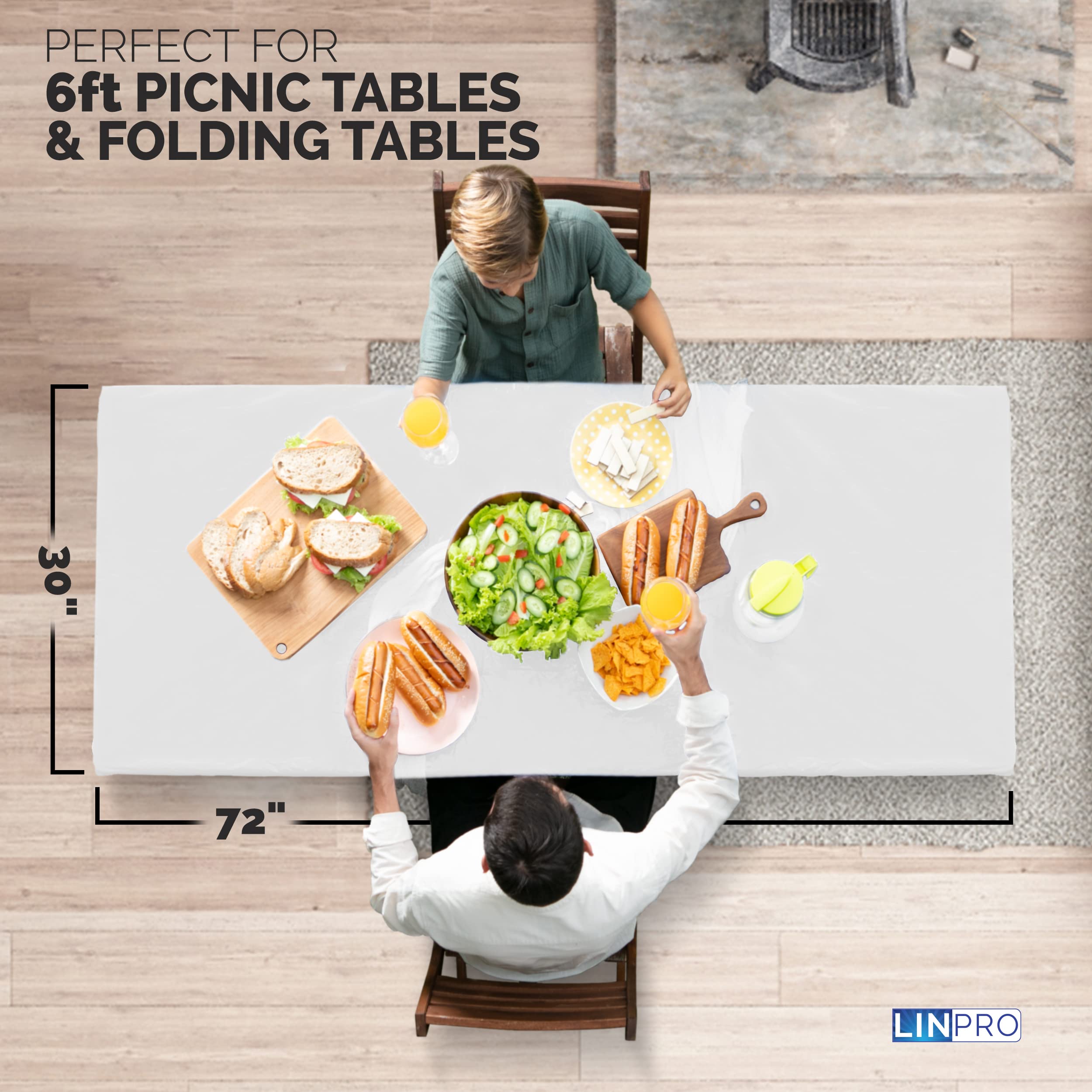 Linpro 5Pk White Plastic Tablecloths, 6Ft Disposable For Parties, Waterproof Outdoor & Folding Tables, Fitted Camping Table Cover With Elastic
