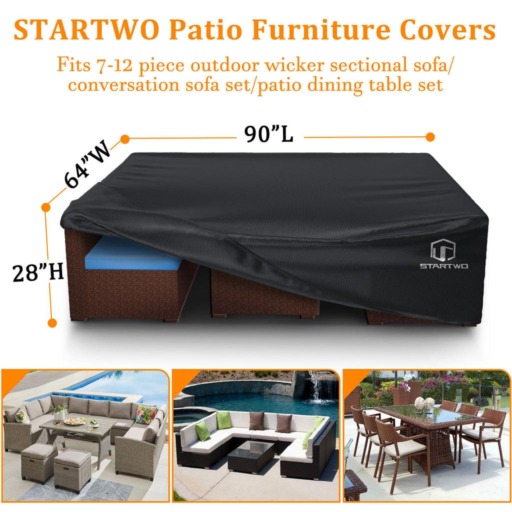 Startwo Patio Furniture Covers Waterproof, 500D Heavy Duty Outdoor Furniture Cover For Sectional Sofa, Patio Table Cover, 90'X64'X28', Black