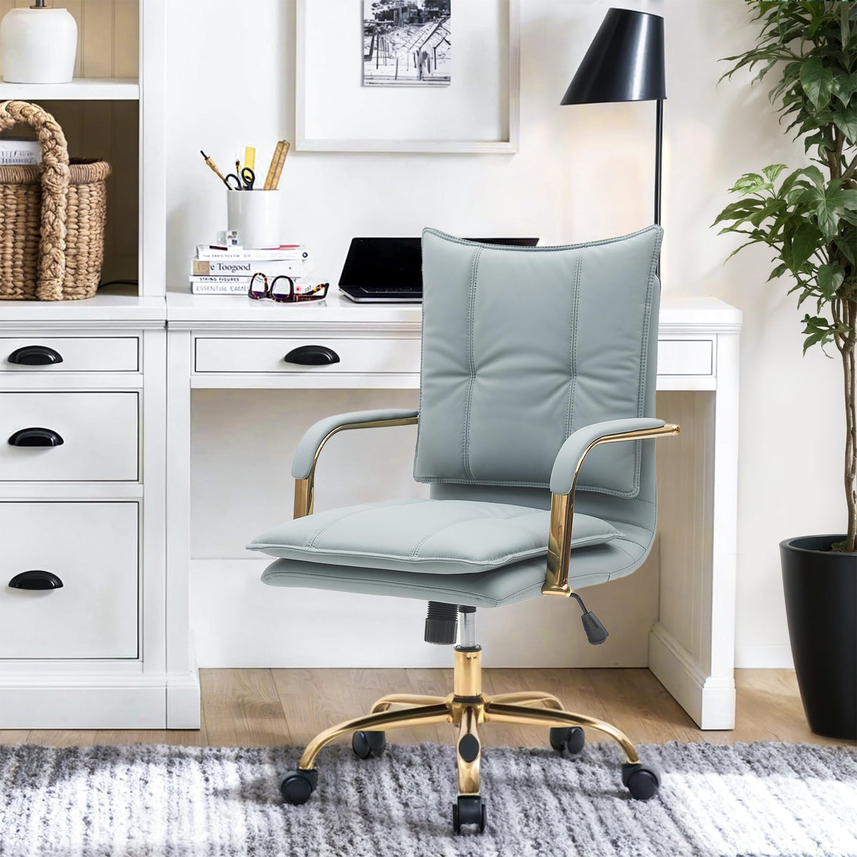 Drkat Leather Home Office Desk Chairs Comfy Office Chair, Mid-Back Adjustable Swivel Computer Chair With Golden Legs And Arms, M