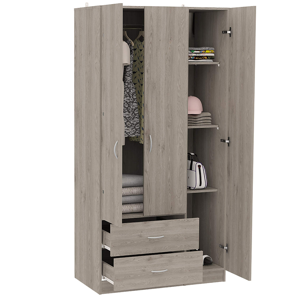 DEPOT E-SHOP Bosko 3 Doors Armoire, 2 Drawers, Metal Rod, Light Gray