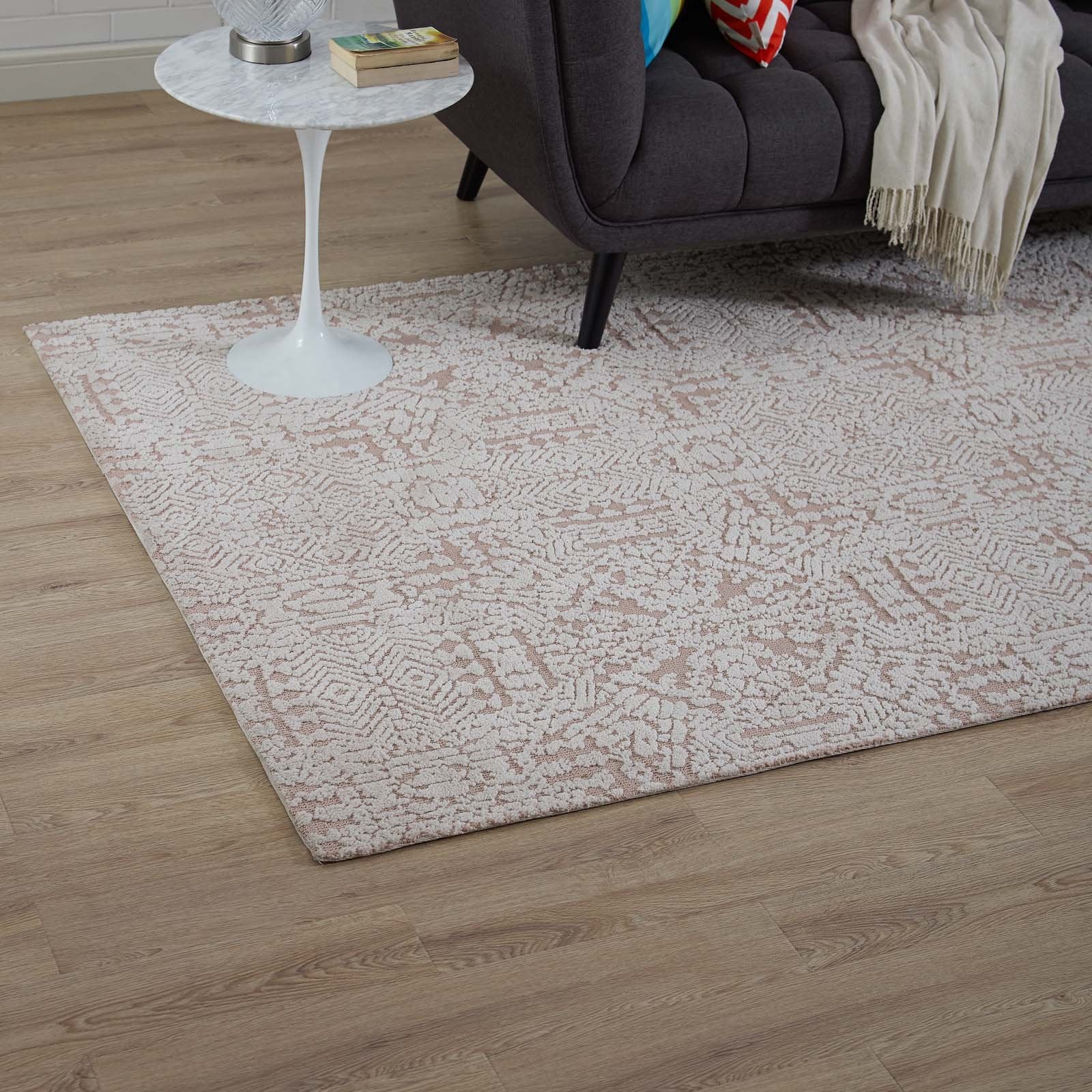 Modway Javiera Contemporary Moroccan 5X8 Area Rug In Ivory And Cameo Rose