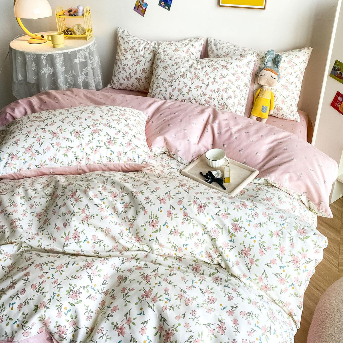 Highbuy Soft Cotton Floral Duvet Cover Twin Xl White With Pink Floral Print,Garden Style Botanical Coquette Bedding Comforter Co