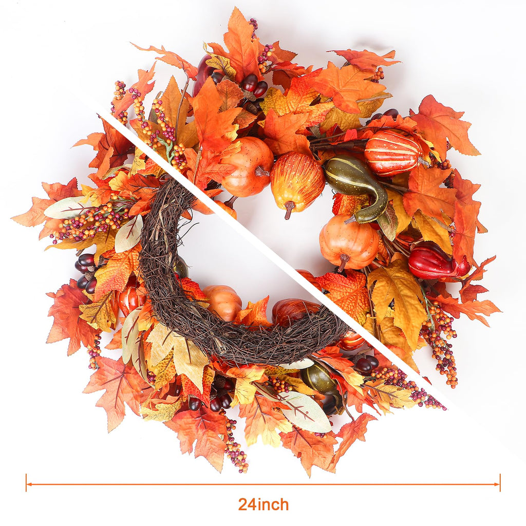 24 Inch Fall Wreath For Front Door Outside, Pumpkin Wreath With Maple, Acorn, Grain, Artificial Autumn Wreaths For Halloween Tha