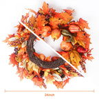 24 Inch Fall Wreath For Front Door Outside, Pumpkin Wreath With Maple, Acorn, Grain, Artificial Autumn Wreaths For Halloween Tha
