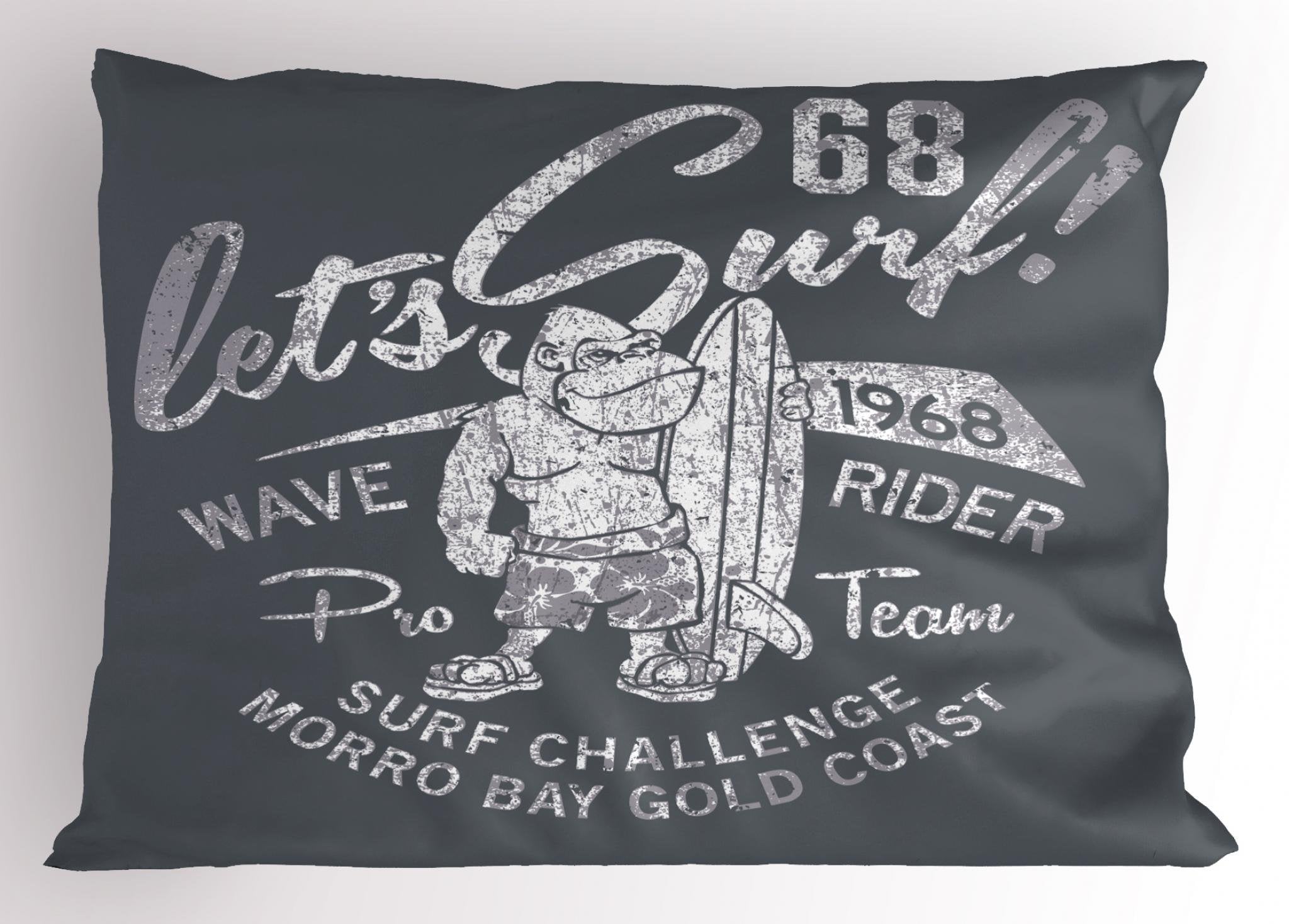 Lunarable Beach Pillow Sham, Gorilla Wave Rider Surfing Theme Funny Grunge Summer Sports Challenge Design, Decorative Standard Q