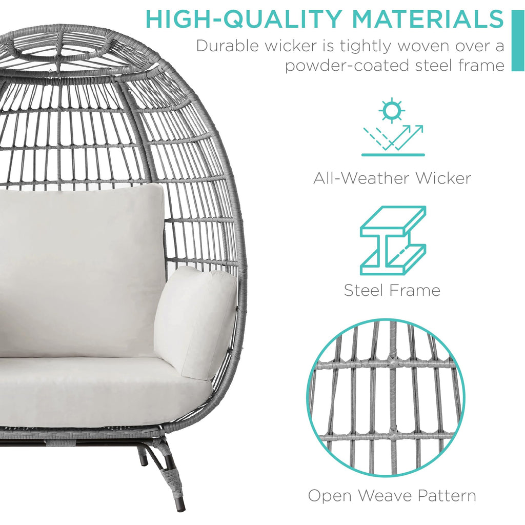 Best Choice Products Wicker Egg Chair, Oversized Indoor Outdoor Lounger For Patio, Backyard, Living Room W/ 4 Cushions, Steel Frame, 440Lb Capacity - Gray/White Sand
