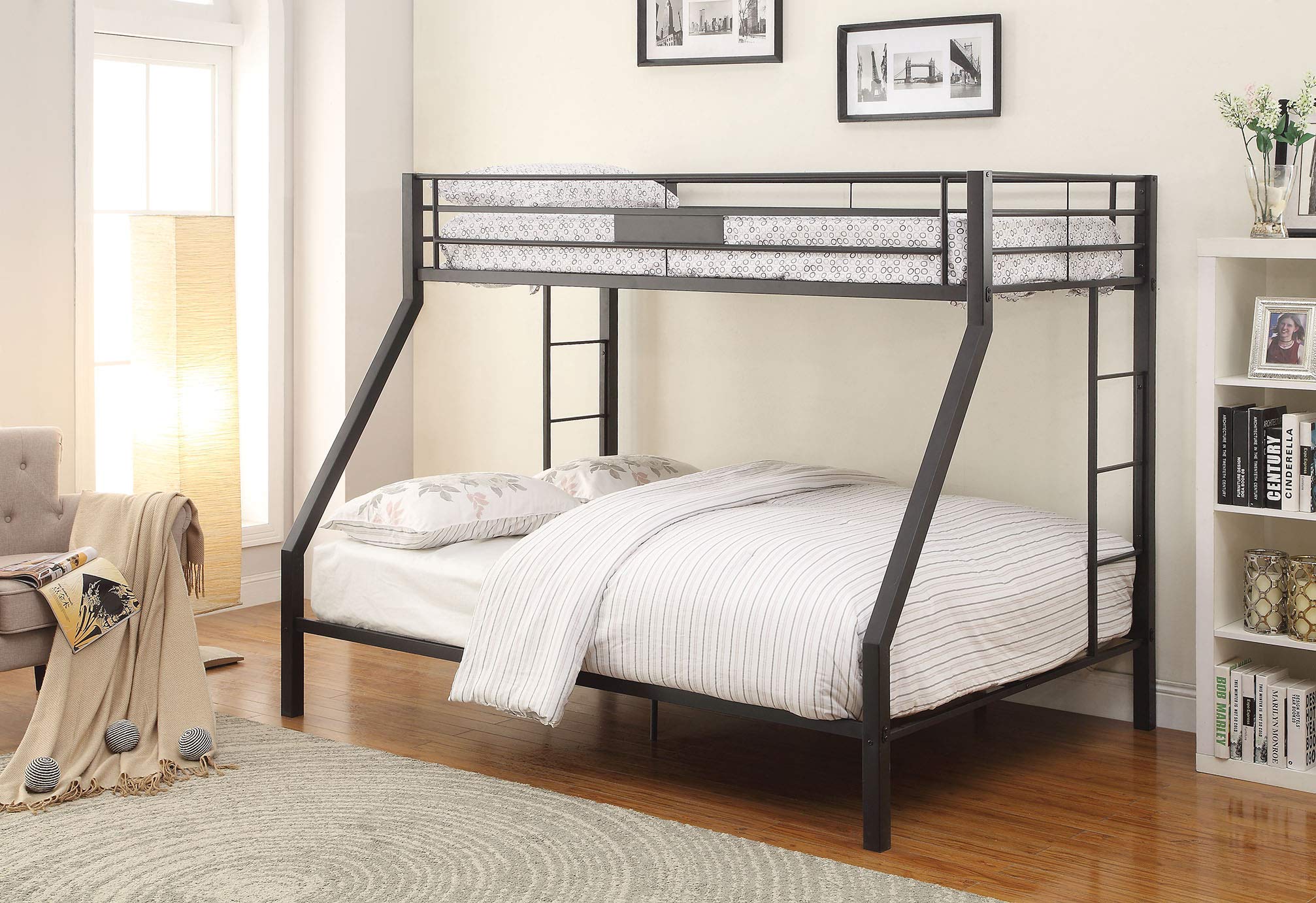 HomeRoots Metal Tube 83 X 63 X 65 Full XL Over Queen Black Sand Metal Bunk Bed