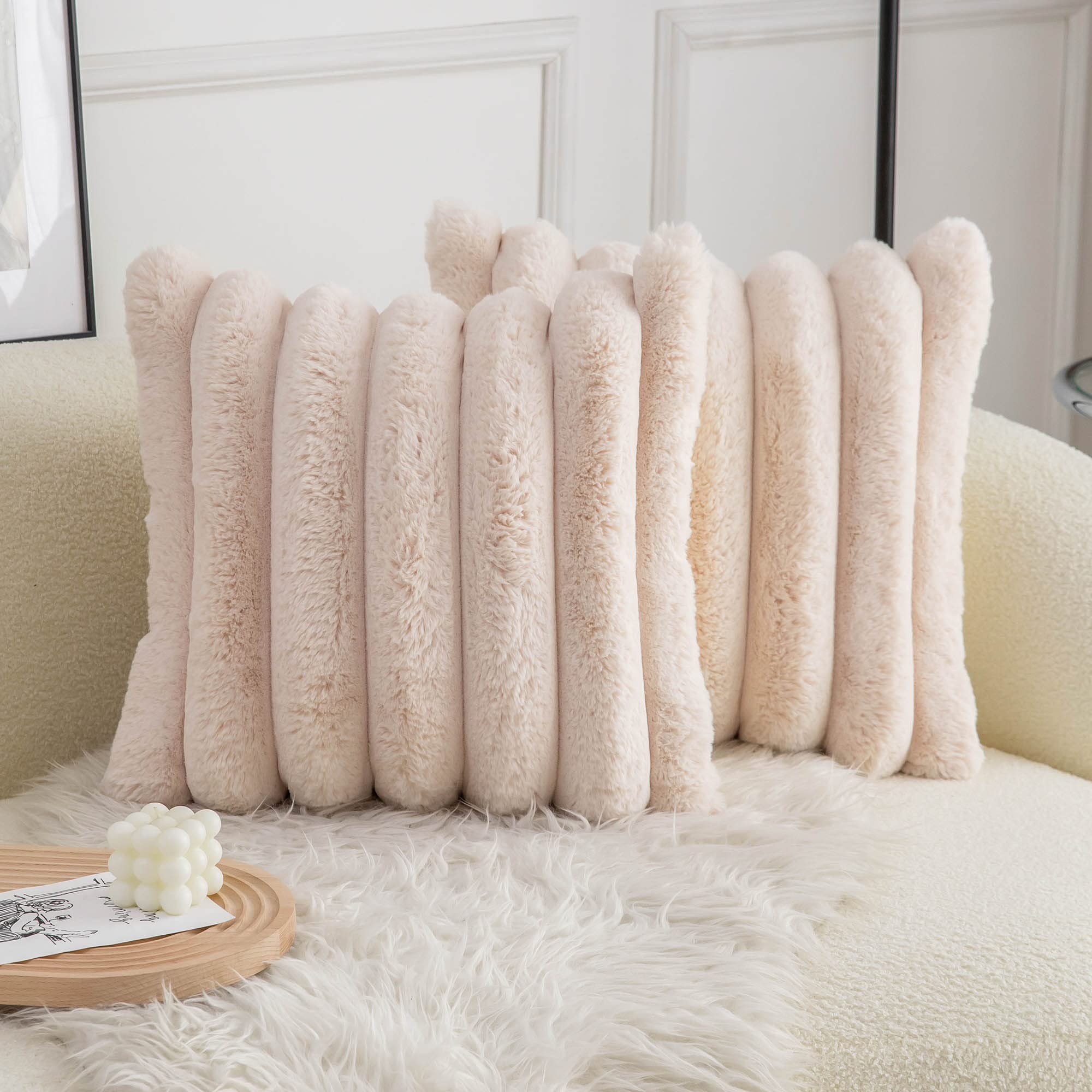 Neelvin Beige Faux Fur Cozy Soft Striped Decorative Throw Pillow Covers 16X16 Inch Set Of 2,Velvet Pillowcase Cushion Case For S