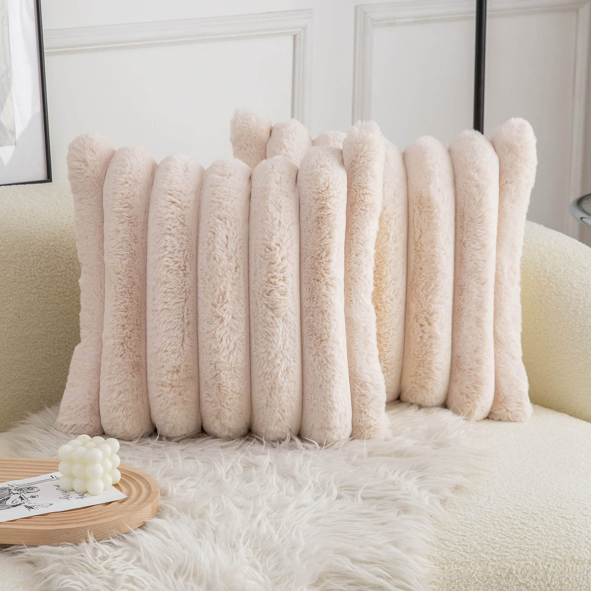 Neelvin Beige Faux Fur Cozy Soft Striped Decorative Throw Pillow Covers 18X18 Inch Set Of 2,Velvet Pillowcase Cushion Case For S