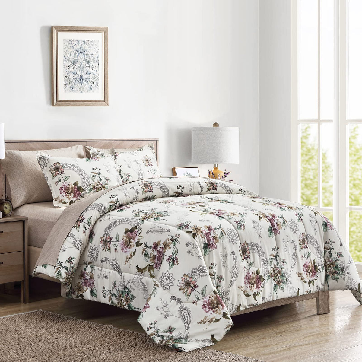 7 Pieces Bed In A Bag Queen Size, Beige Floral Style, Soft Microfiber Reversible Bed Comforter Set For All Season (1 Comforter,