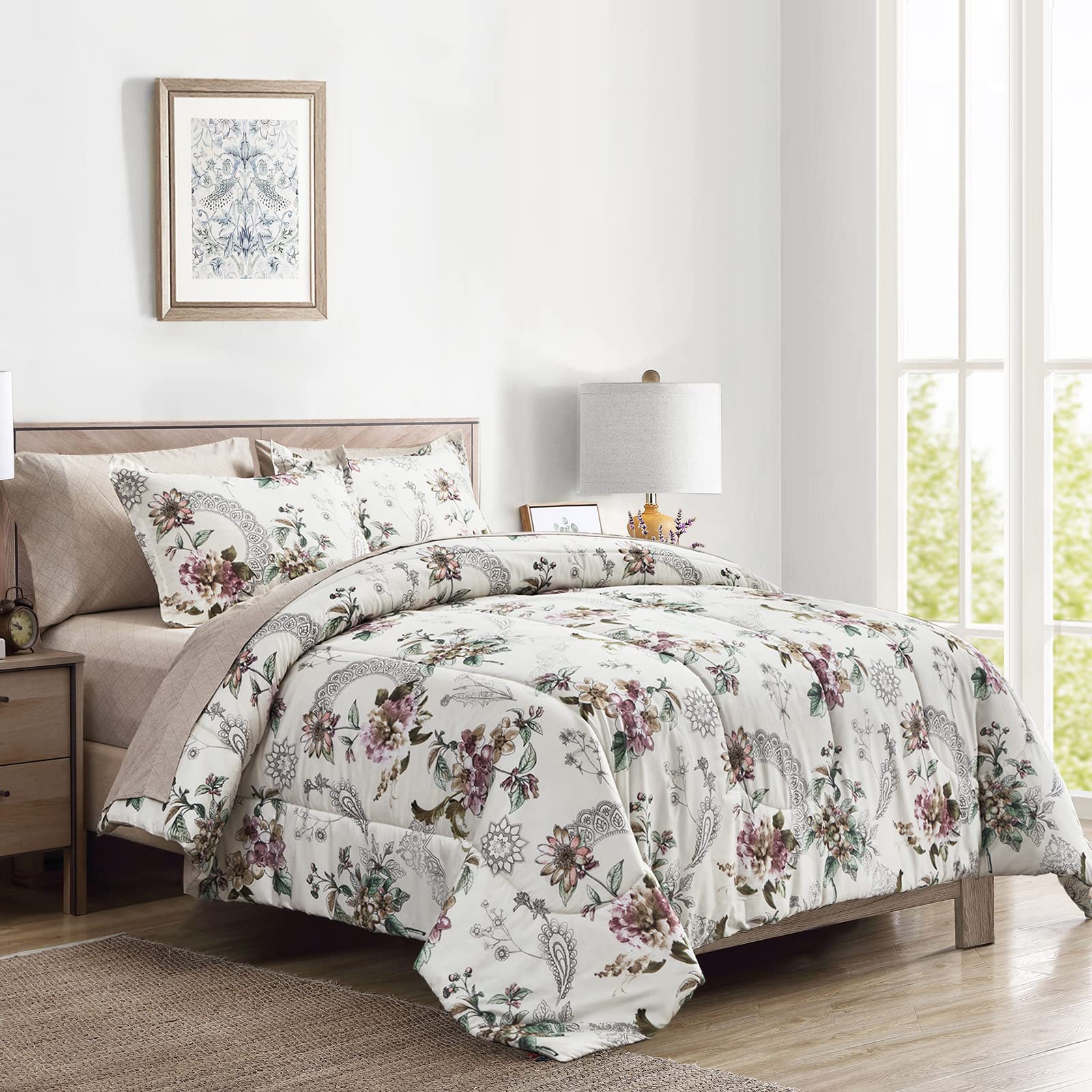 7 Pieces Bed In A Bag Queen Size, Beige Floral Style, Soft Microfiber Reversible Bed Comforter Set For All Season (1 Comforter,