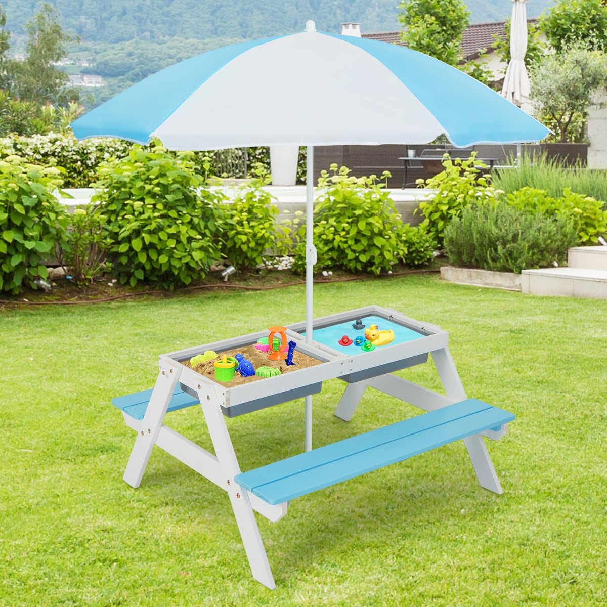 Kotek Kids Picnic Table, 3 In 1 Sand And Water Table W/Detachable Tabletop, 2 Removable Play Boxes, Foldable & Height Adjustable Umbrella, Wood Sensory Table And Bench For Outdoors, Indoors (Blue)